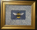 Embroidered Bee Wall Art — Gold Frame with Ballard Designs Blue Tully Fabric Mat