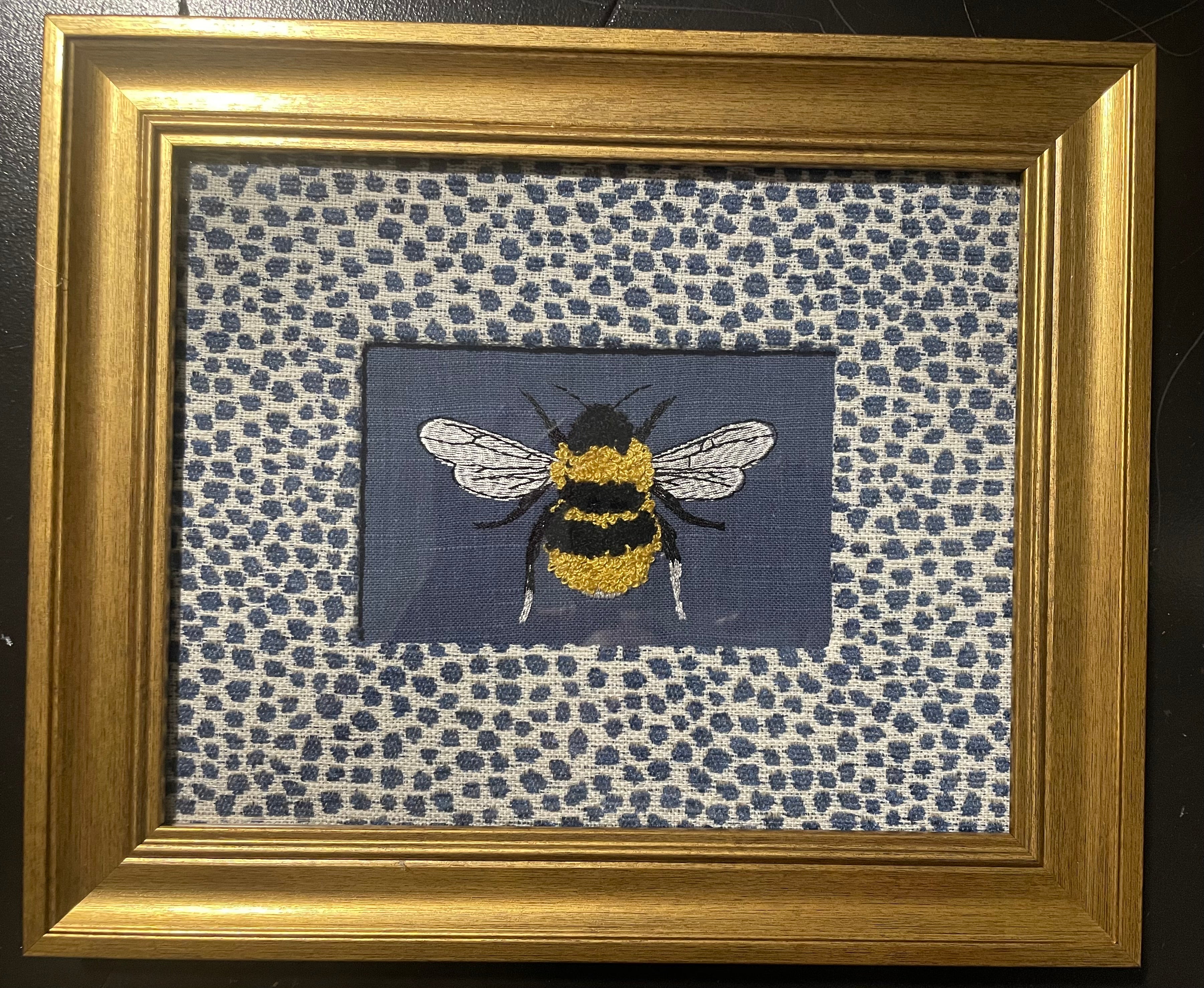 Embroidered Bee Wall Art — Gold Frame with Ballard Designs Blue Tully Fabric Mat