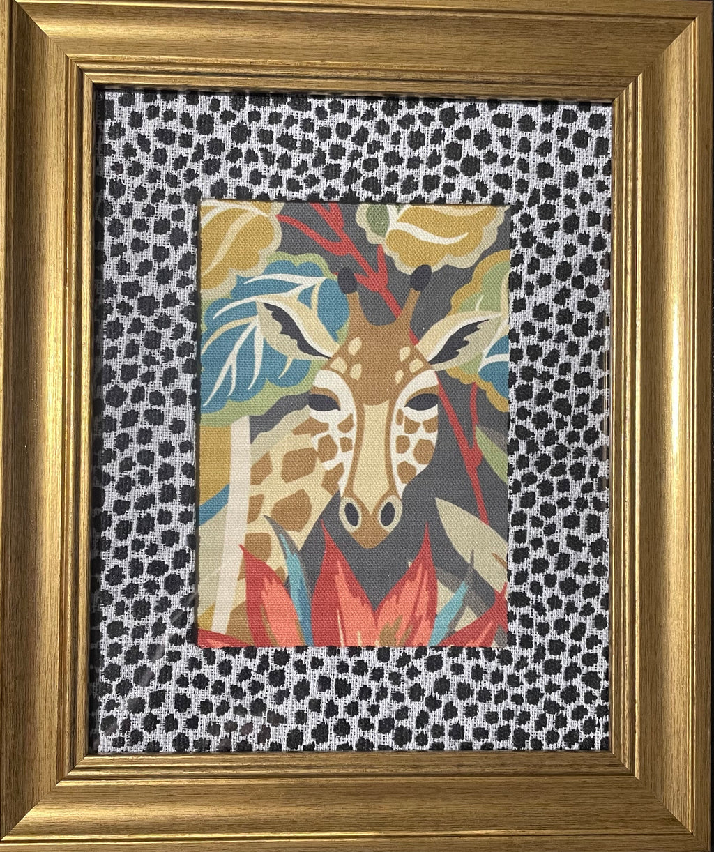 Safari Wall Art — Giraffe and Zebra Kinablu Petro fabric with Ballard Designs Ebony Tully fabric mat in Gold Frame