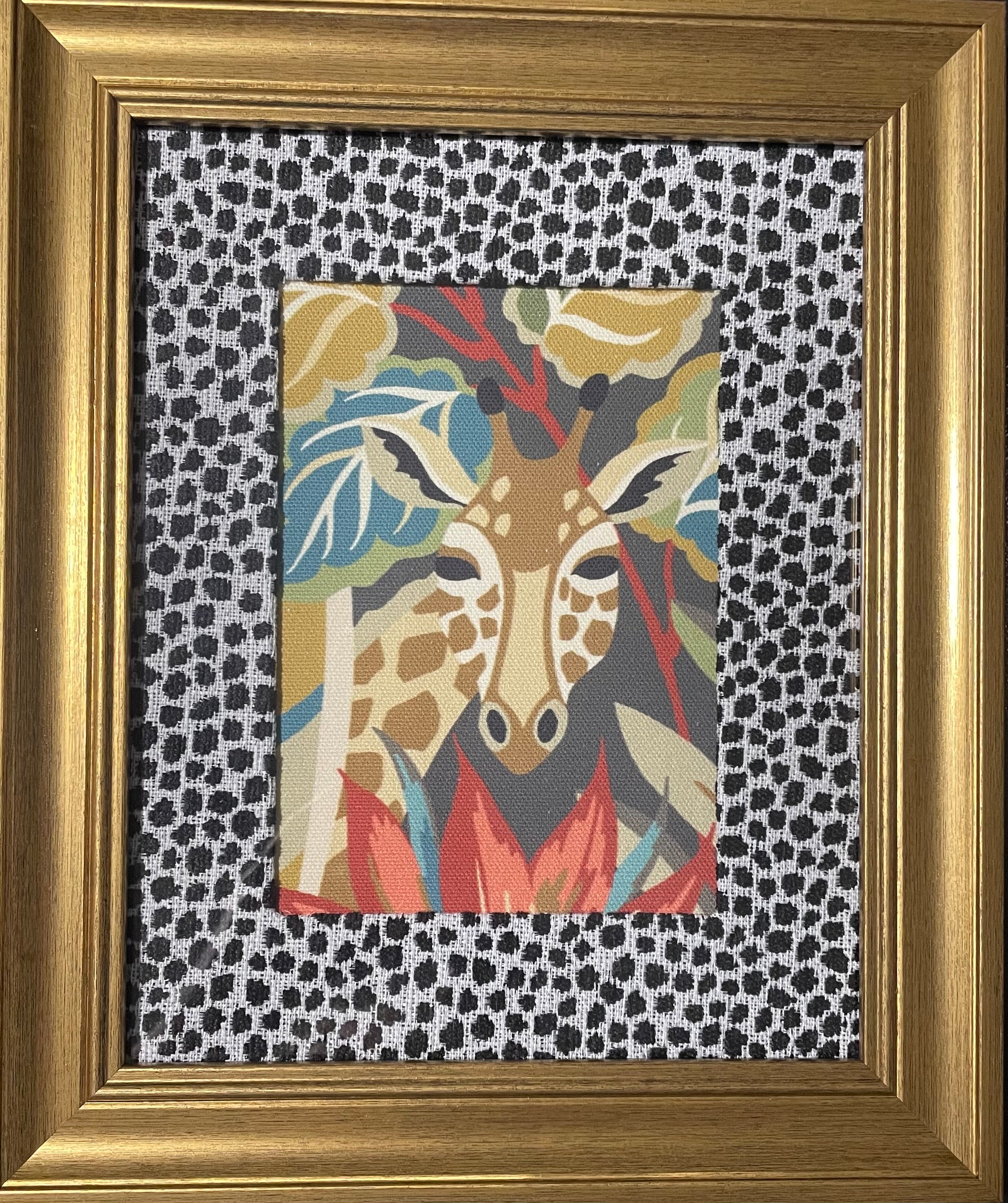 Safari Wall Art — Giraffe and Zebra Kinablu Petro fabric with Ballard Designs Ebony Tully fabric mat in Gold Frame