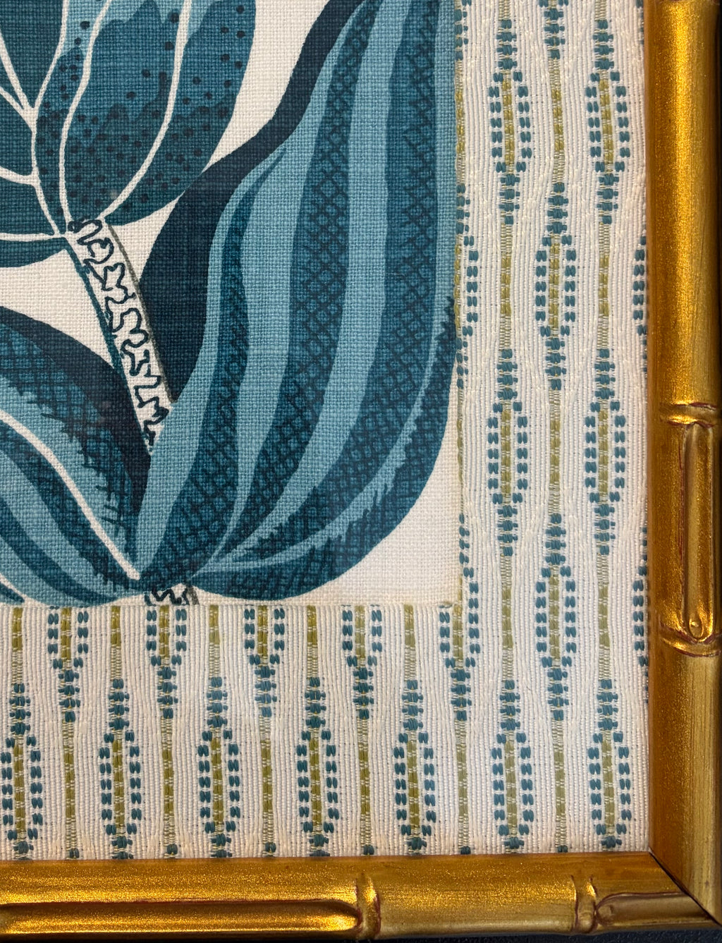 Pair of Custom Ballard Designs Emmie Fabric Wall Art — 12x15 Bamboo Gold Frame