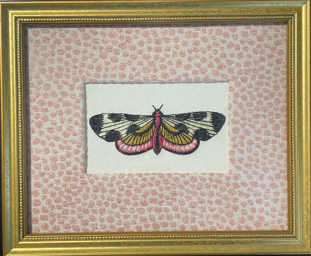 Custom Framed Embroidered Butterfly Moth Art, Ballard Designs TULLY Rose Quartz Fabric Matting