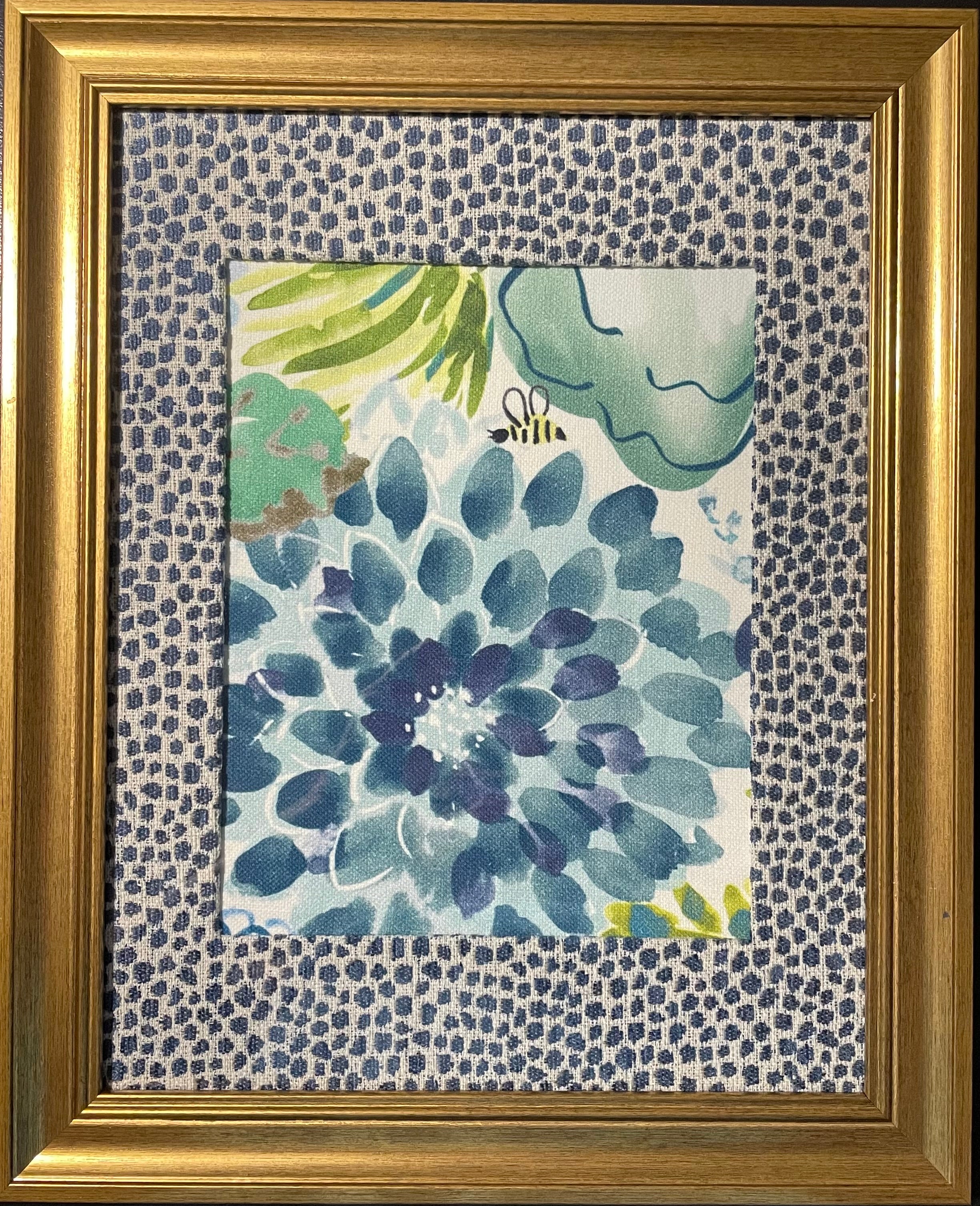 Pair of Bright Floral Watercolor Fabric Wall Art — Designer Fabric, 13x16 Gold Frame