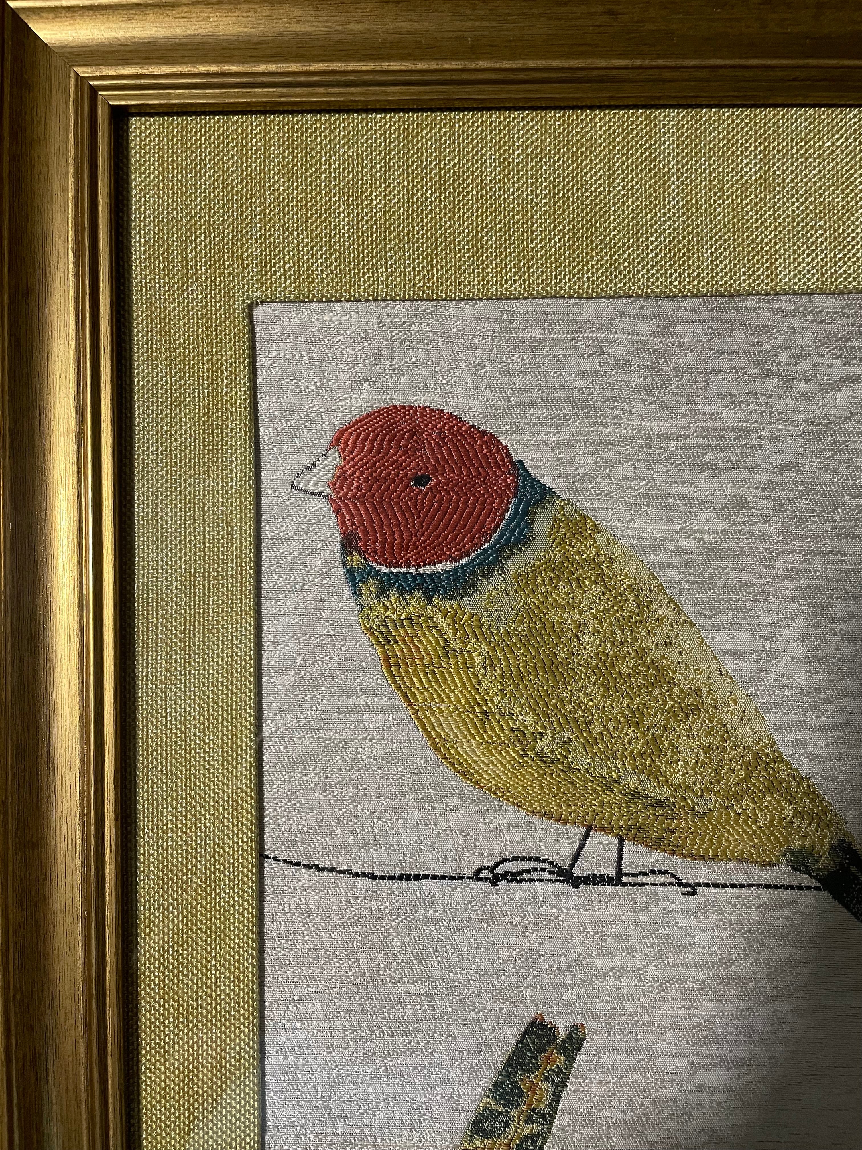 Red-Headed Songbird Portrait — Fabric Wall Art, 13x16 Gold Frame
