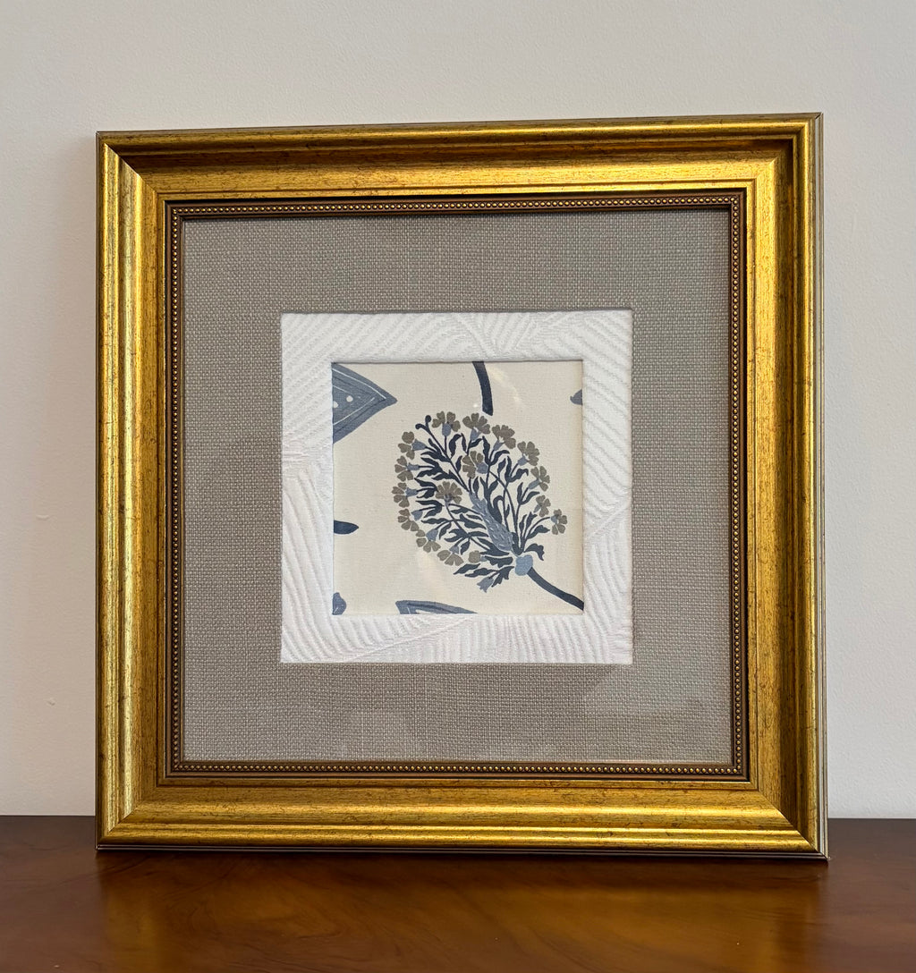Ballard Designs Mendal Indigo Fabric Wall Art, One of a Kind Framed Textile in 15x15 Gold Frame
