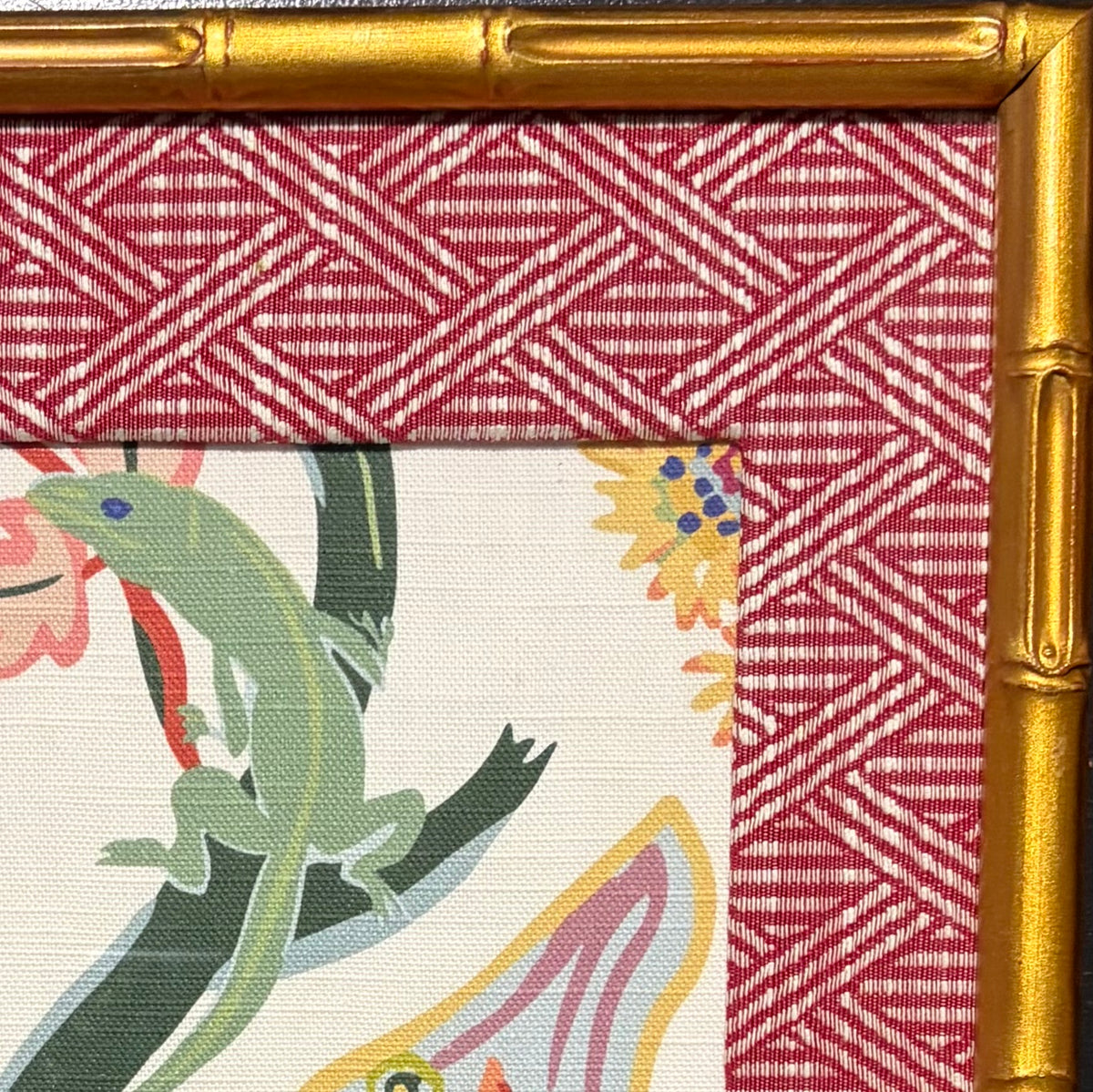 Pair of Custom Ballard Designs Millie Fabric Wall Art with custom mat— 12x15 Bamboo Gold Frame