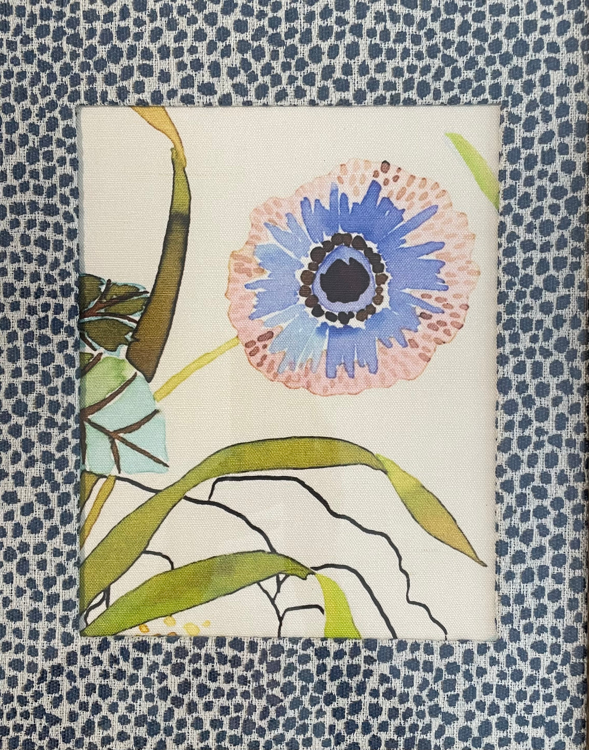 Blush & Blue Anemone — Designer Fabric Wall Art, 13x16 Gold Frame