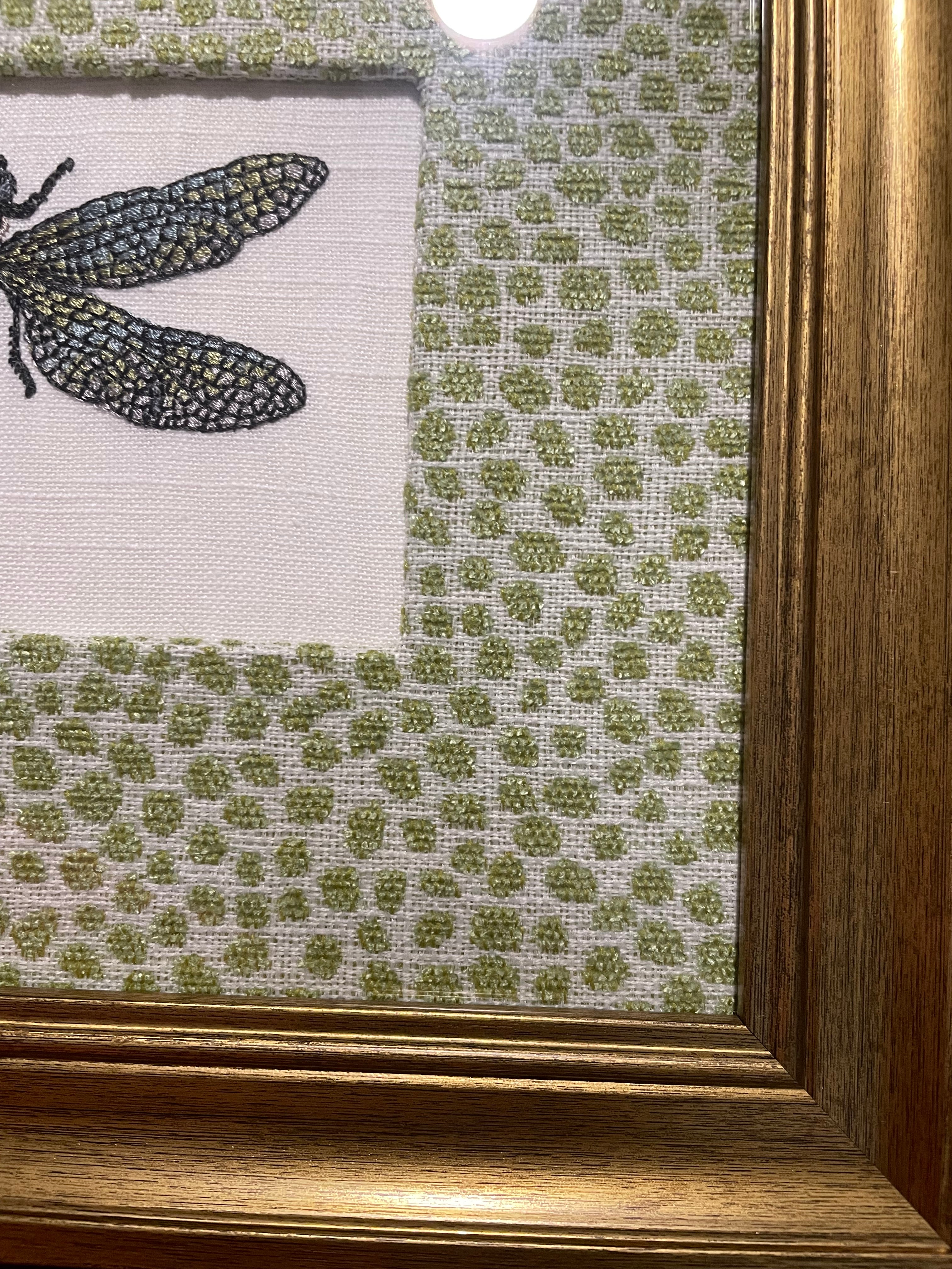 Embroidered Dragonfly Wall Art — Gold Frame with Ballard Designs Pear Tully Fabric Mat