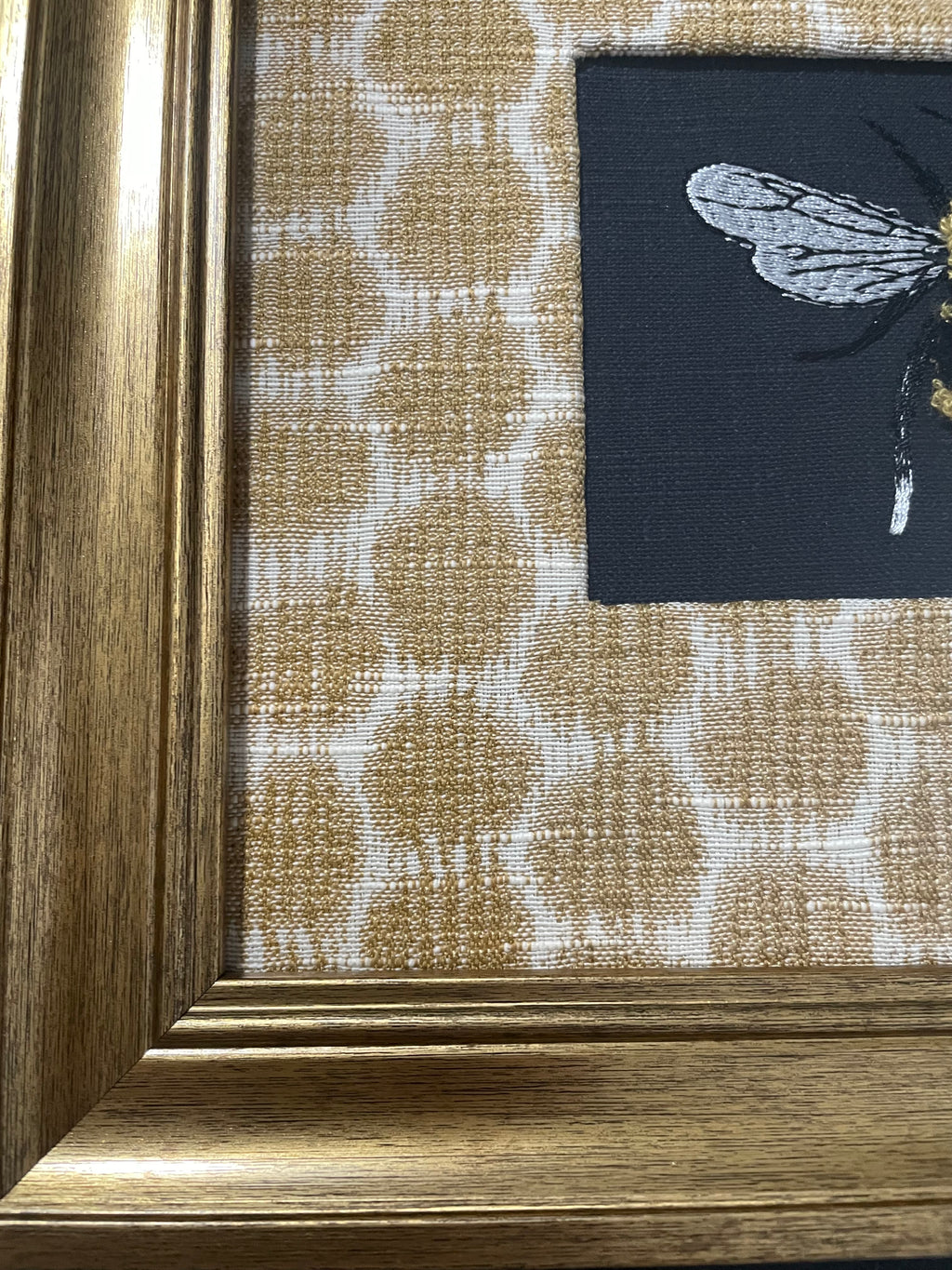 Bumblebee on Black — Embroidered Wall Art, Gold Frame with Honeycomb Fabric Mat