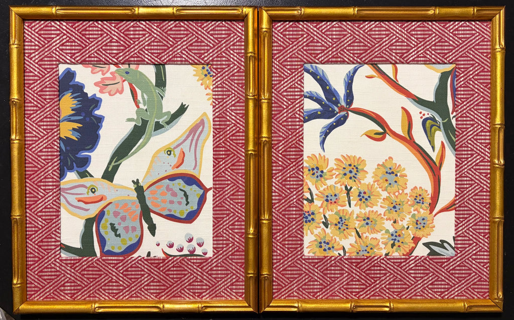 Pair of Custom Ballard Designs Millie Fabric Wall Art with custom mat— 12x15 Bamboo Gold Frame