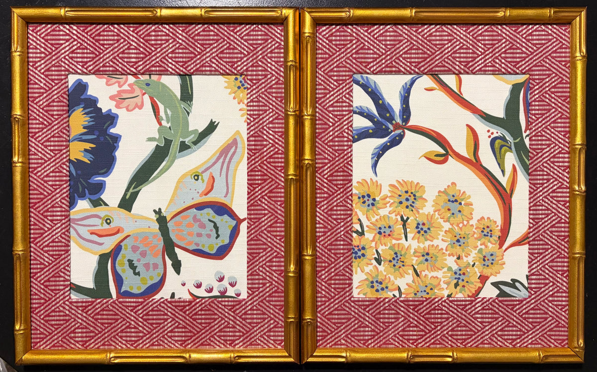 Pair of Custom Ballard Designs Millie Fabric Wall Art with custom mat— 12x15 Bamboo Gold Frame