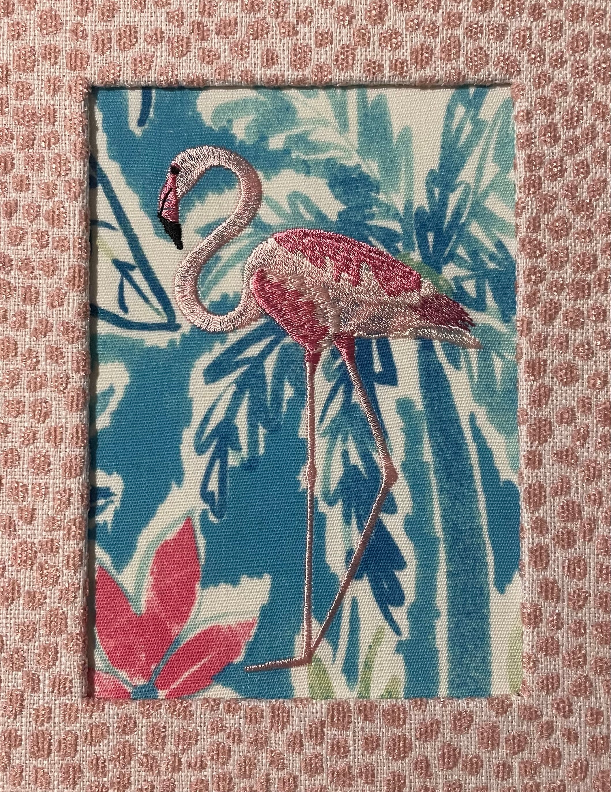 Framed Embroidered Pair of  flamingos with Custom Ballard Designs TULLY Rose Quartz Fabric Matting