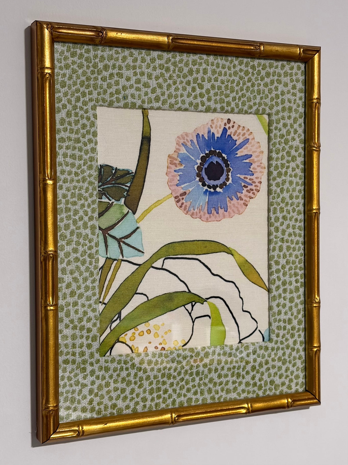 Blue & Blush Floral Fabric Wall Art, Tully Pear Mat, 12x15 Gold Bamboo Frame