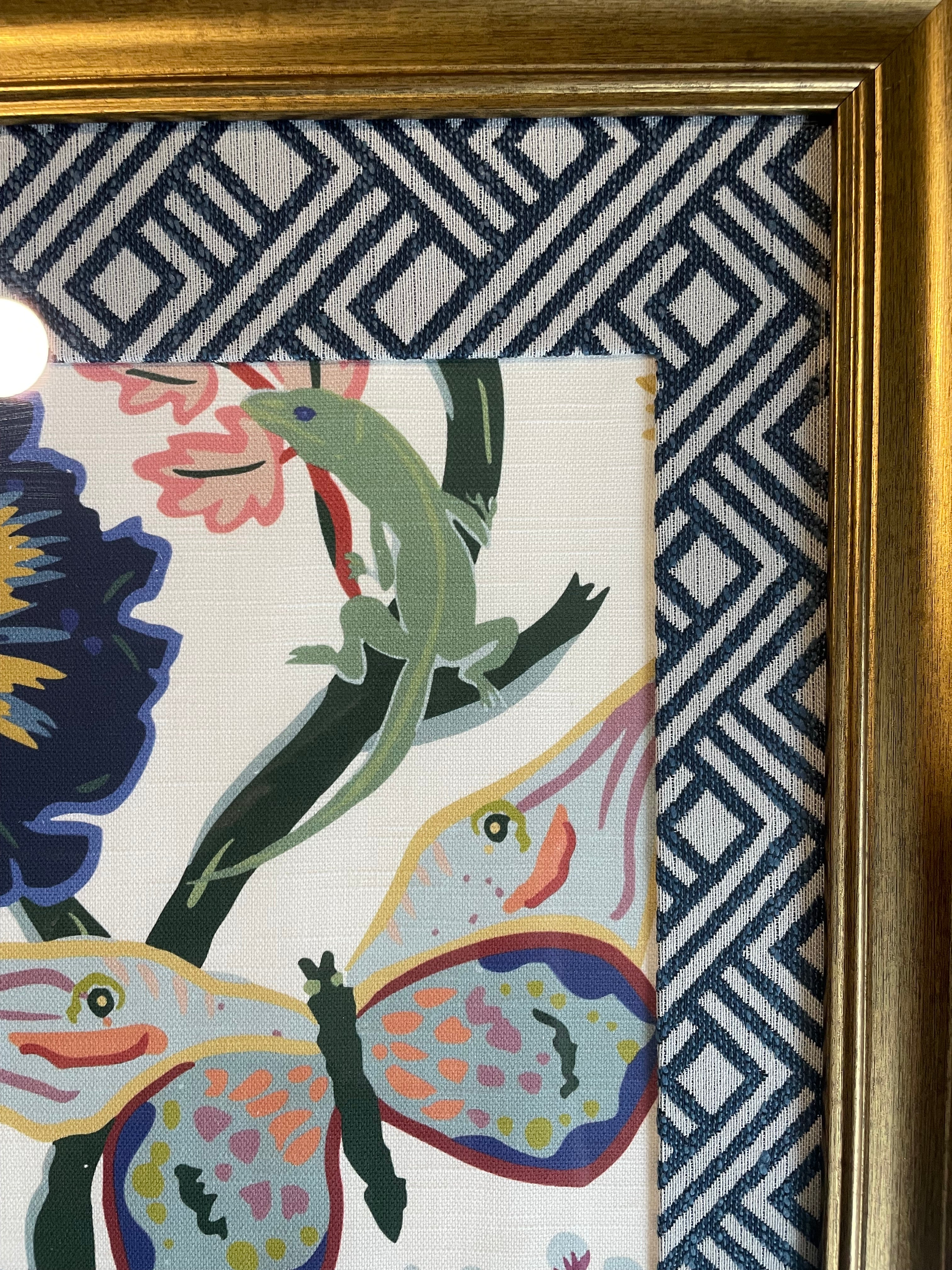 Ballard Designs Butterfly & Lizard Fabric Framed Wall Art — 13x16 Gold Frame