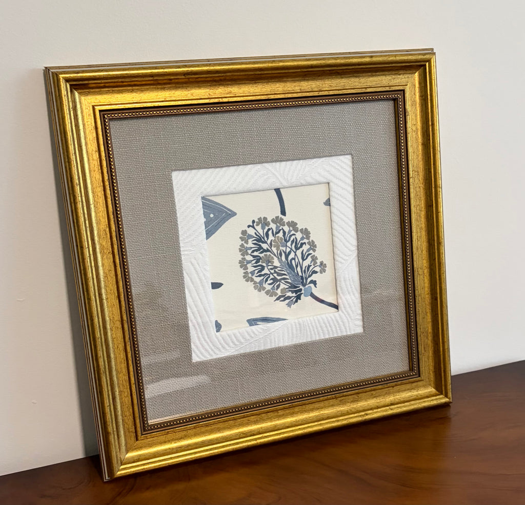 Ballard Designs Mendal Indigo Fabric Wall Art, One of a Kind Framed Textile in 15x15 Gold Frame