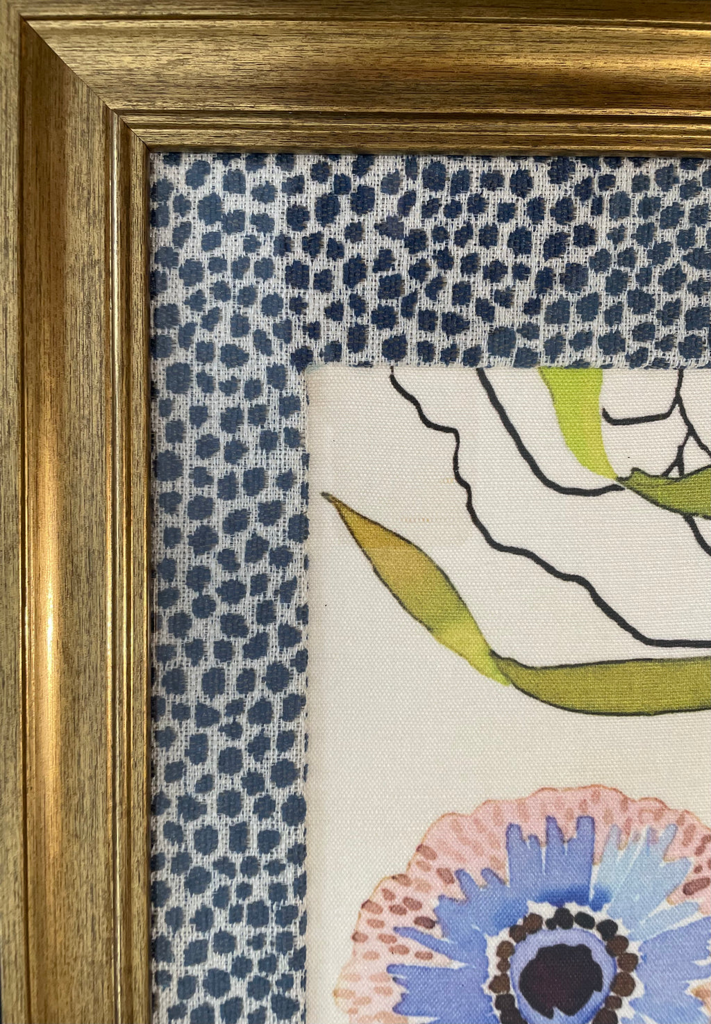 Blush & Blue Anemone — Designer Fabric Wall Art, 13x16 Gold Frame