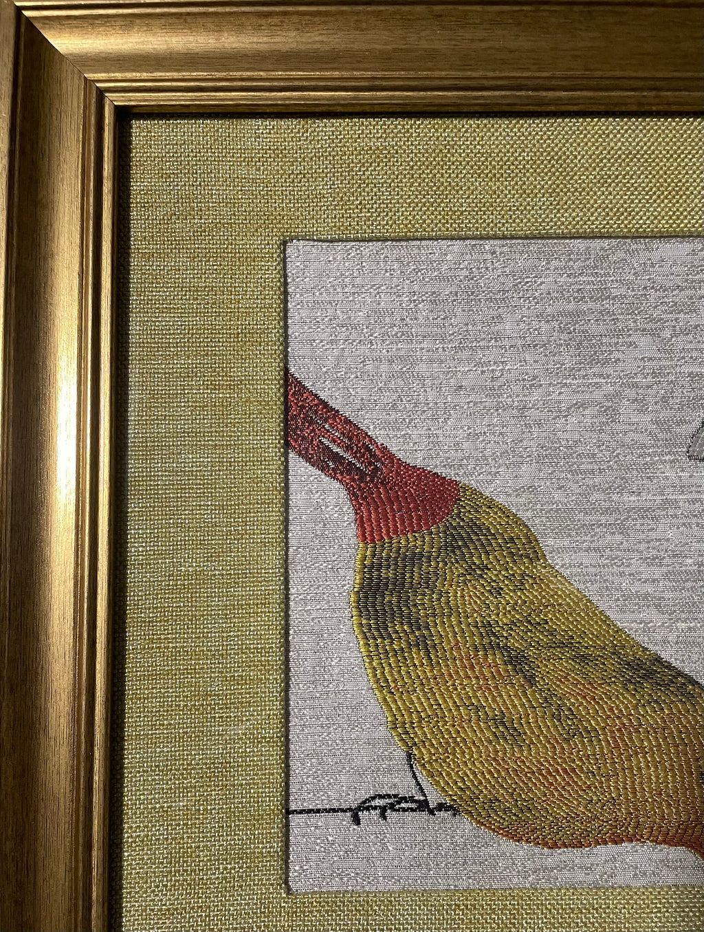 Red-Beaked & Blue Bird Duo — Fabric Wall Art, 13x16 Gold Frame