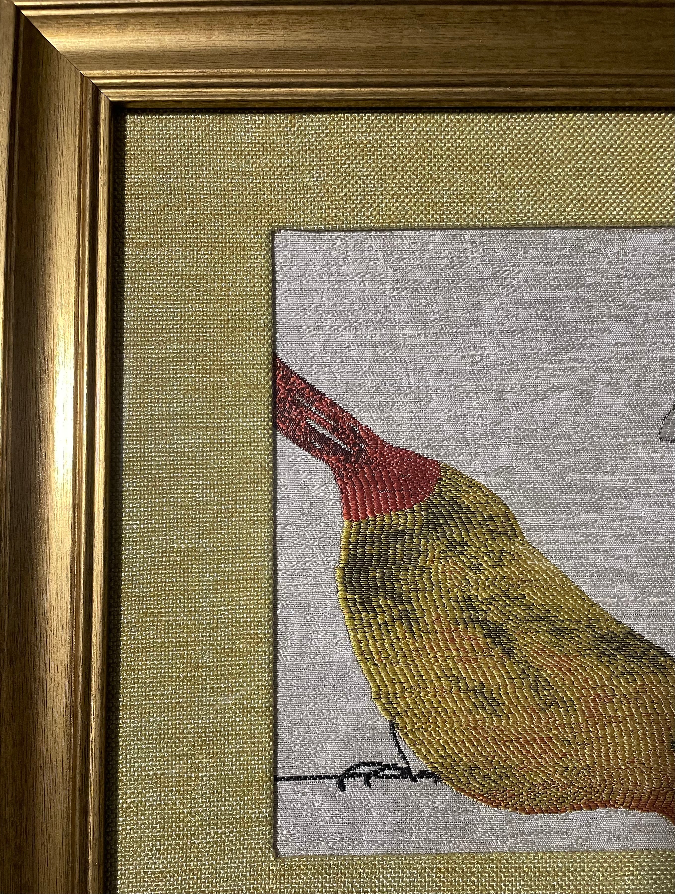 Red-Beaked & Blue Bird Duo — Fabric Wall Art, 13x16 Gold Frame