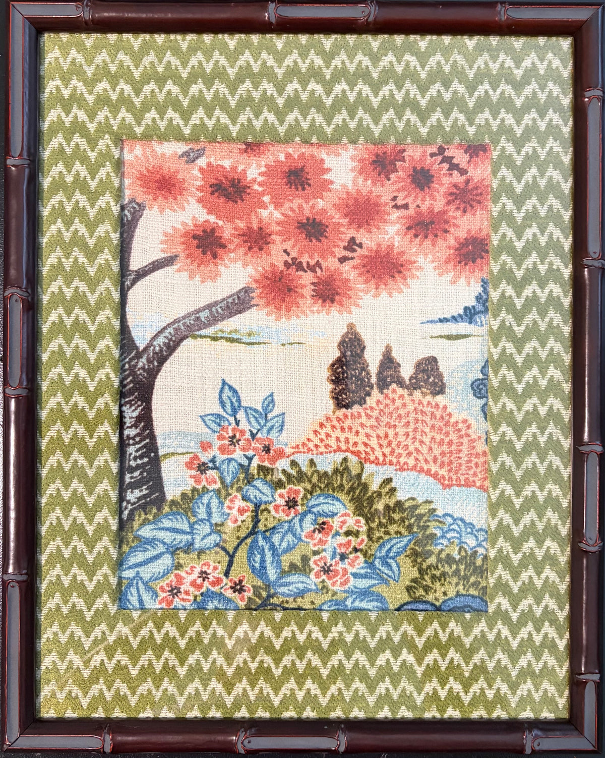Pair of Framed Botanical Fabric Wall Art — Japanese Garden Scene, 12×15 Dark Mahogany Bamboo Frame