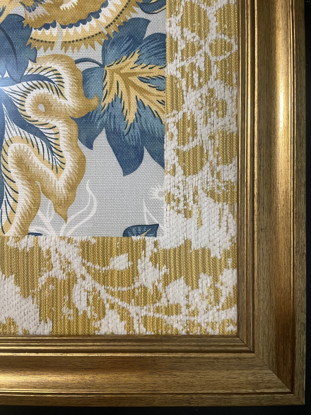 Gold Medallion Bloom — Welling Blue Fabric Framed Wall Art, 13x16 Gold Frame