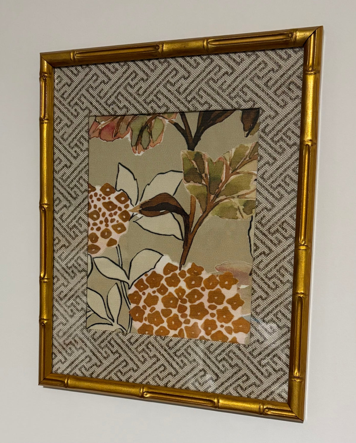 Botanical Fabric Wall Art, Geometric Mat, 12x15 Gold Bamboo Frame