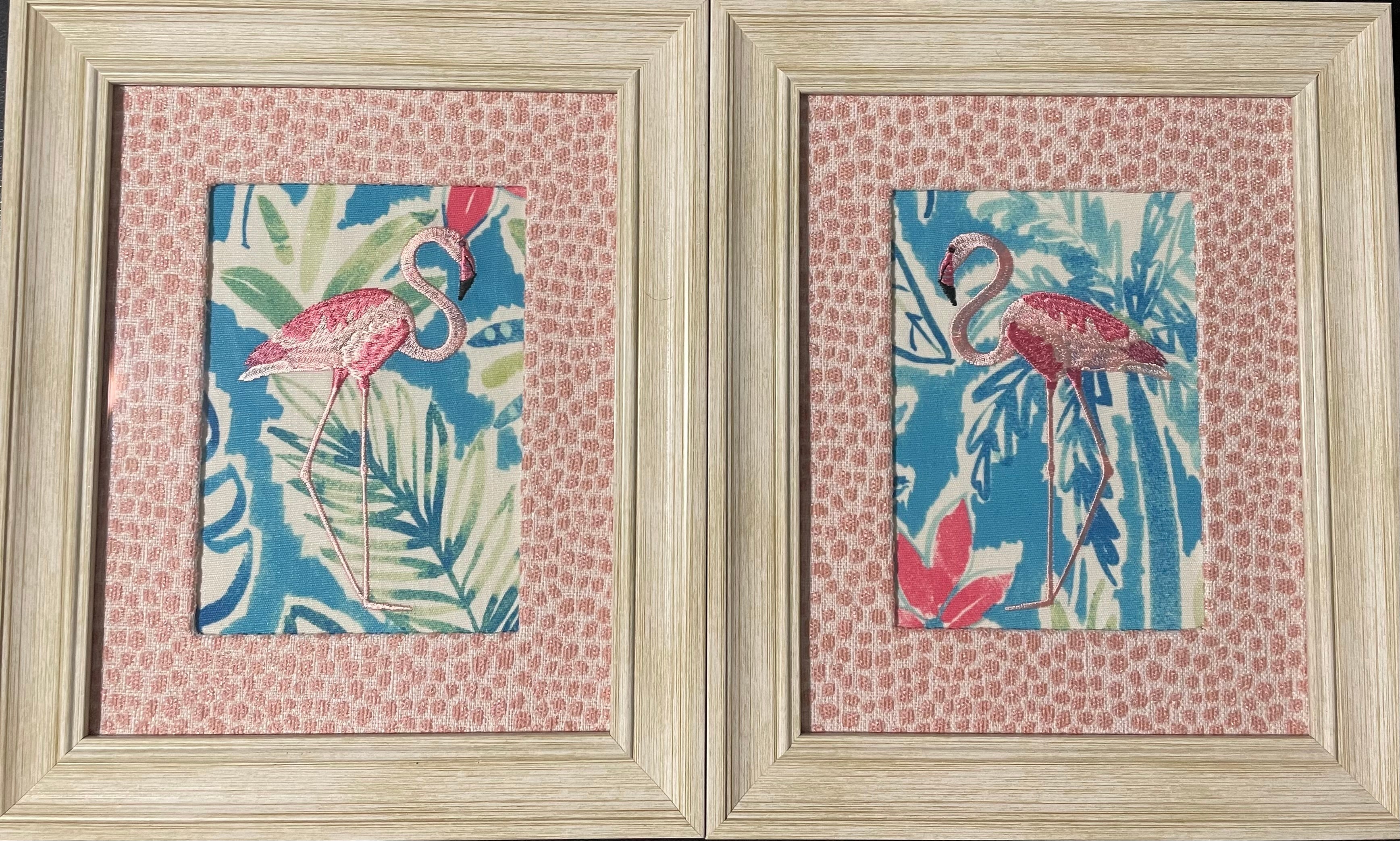 Framed Embroidered Pair of  flamingos with Custom Ballard Designs TULLY Rose Quartz Fabric Matting