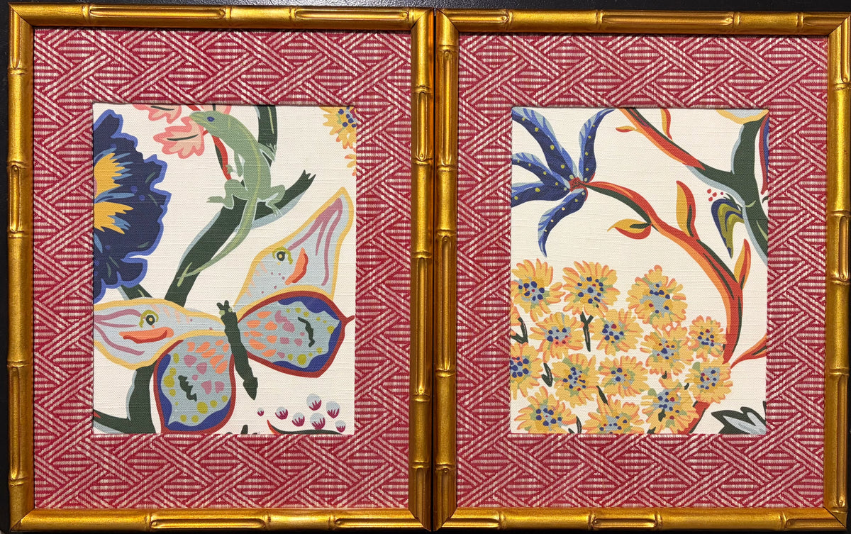 Pair of Custom Ballard Designs Millie Fabric Wall Art with custom mat— 12x15 Bamboo Gold Frame