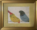 Red-Beaked & Blue Bird Duo — Fabric Wall Art, 13x16 Gold Frame