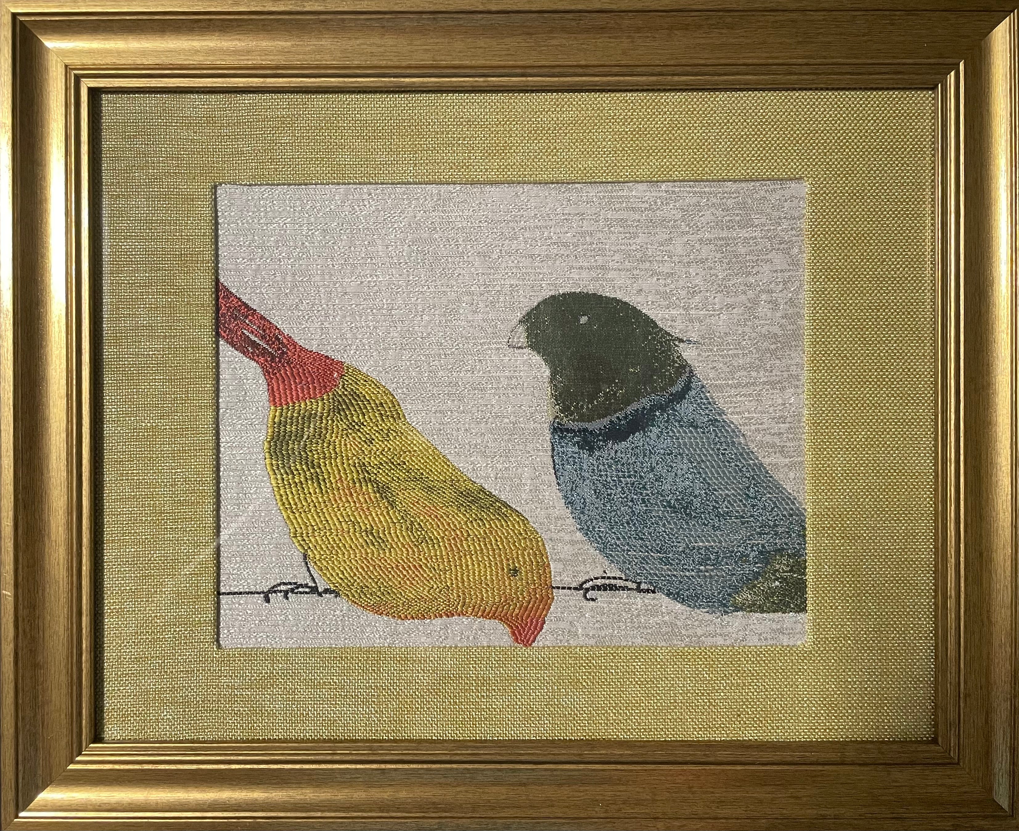 Red-Beaked & Blue Bird Duo — Fabric Wall Art, 13x16 Gold Frame