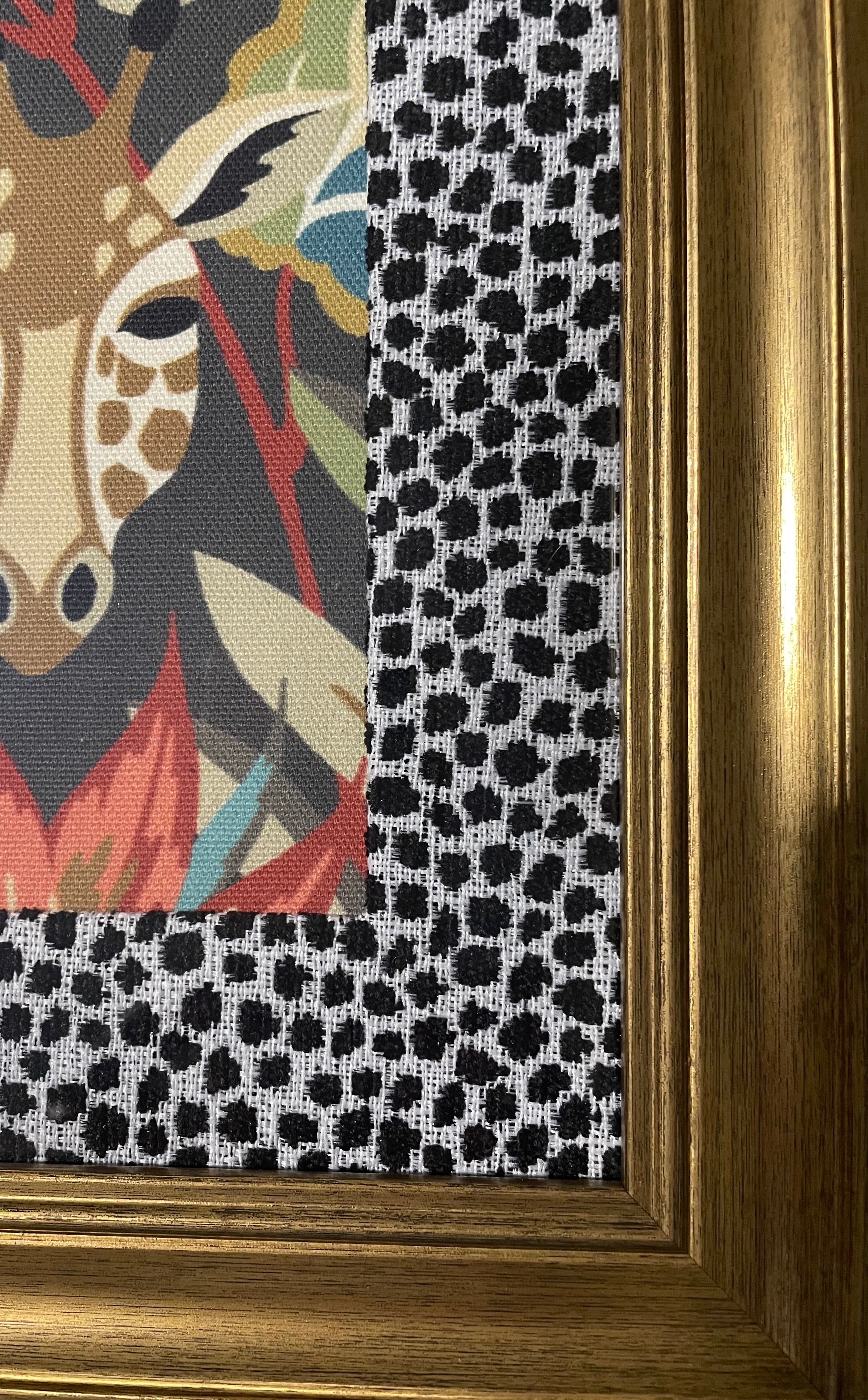 Safari Wall Art — Giraffe and Zebra Kinablu Petro fabric with Ballard Designs Ebony Tully fabric mat in Gold Frame