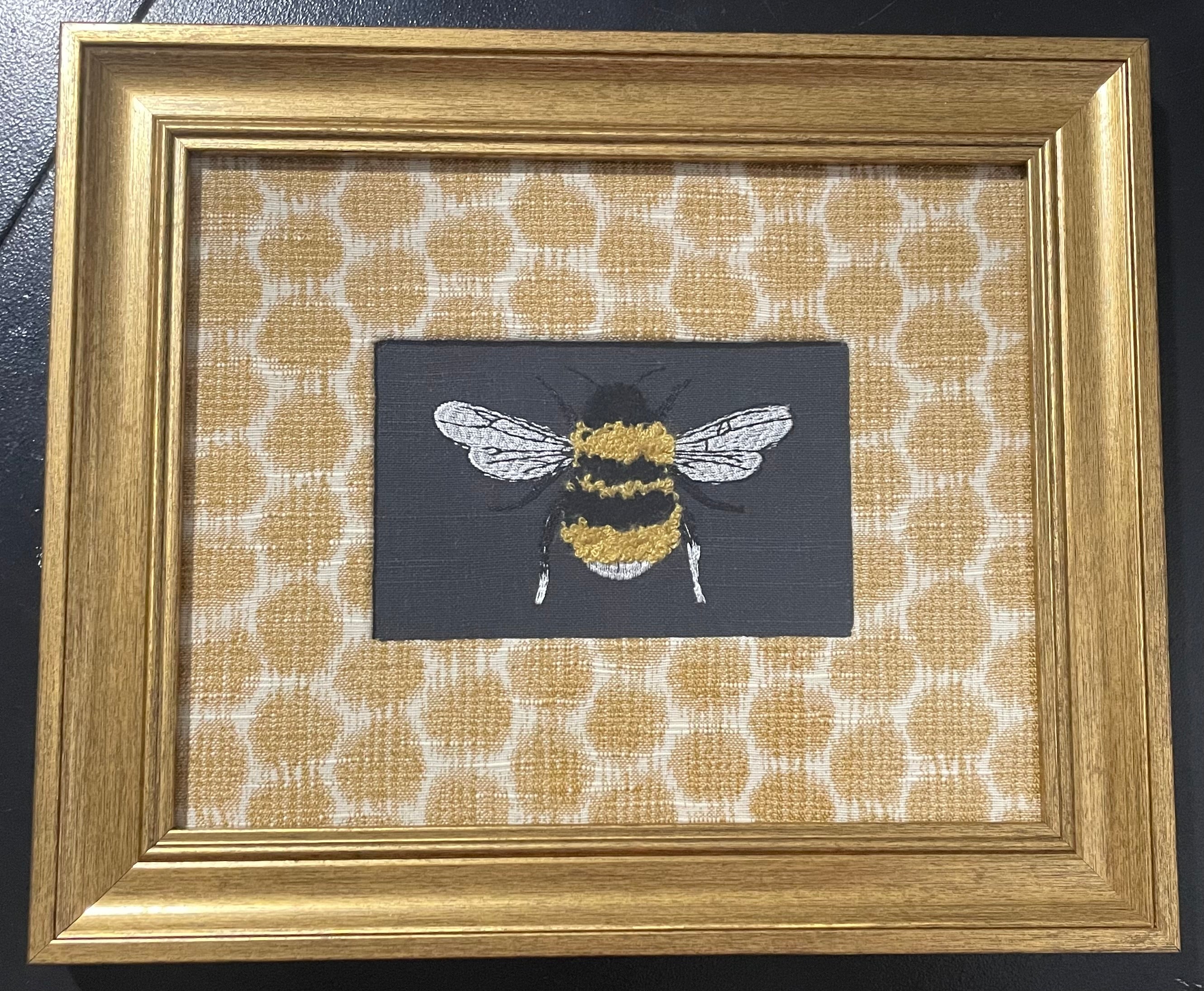 Bumblebee on Black — Embroidered Wall Art, Gold Frame with Honeycomb Fabric Mat