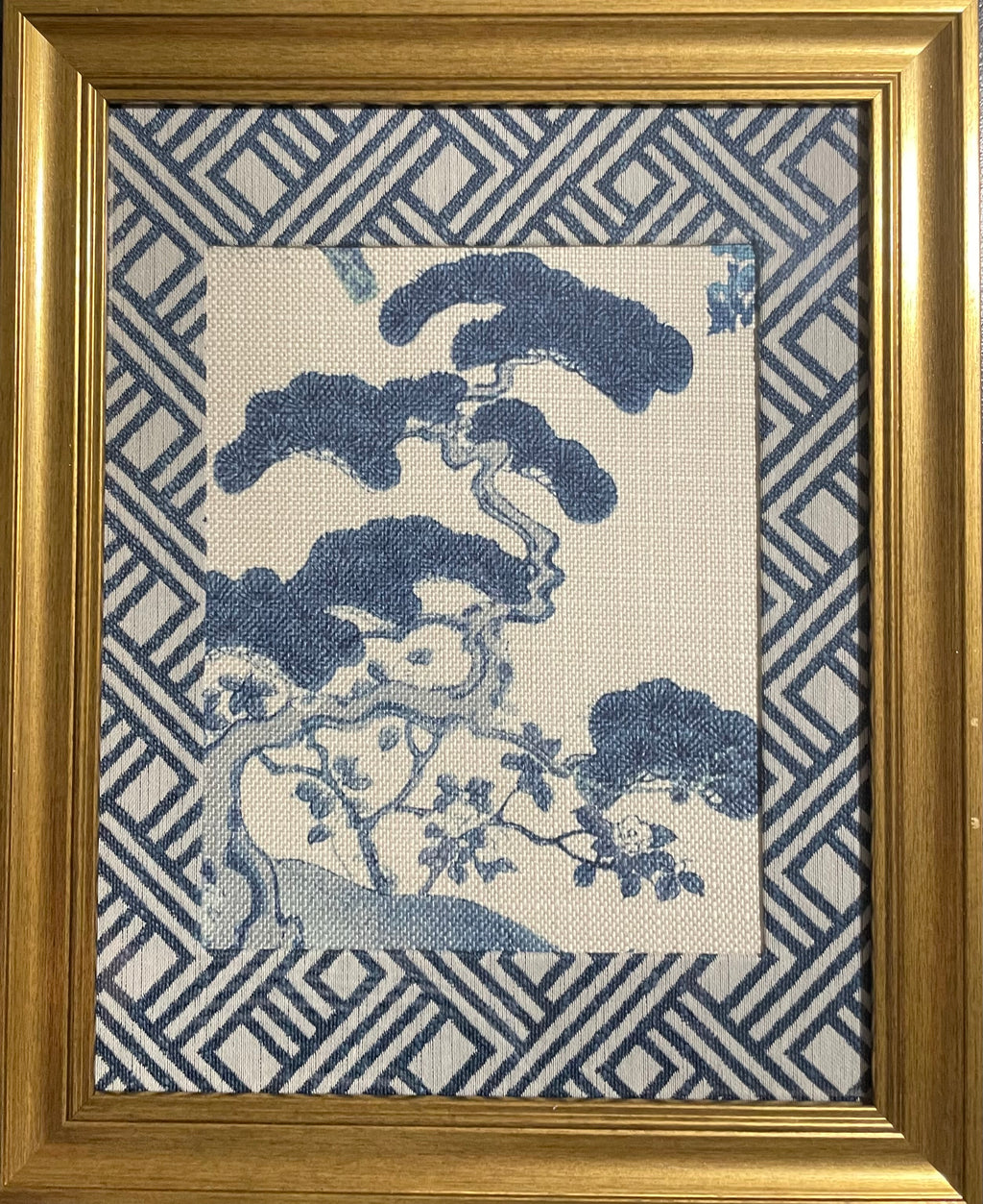 Chinoiserie Pine & Scholar's Rock Fabric Wall Art | 13x16 Gold Frame | Zen Indigo