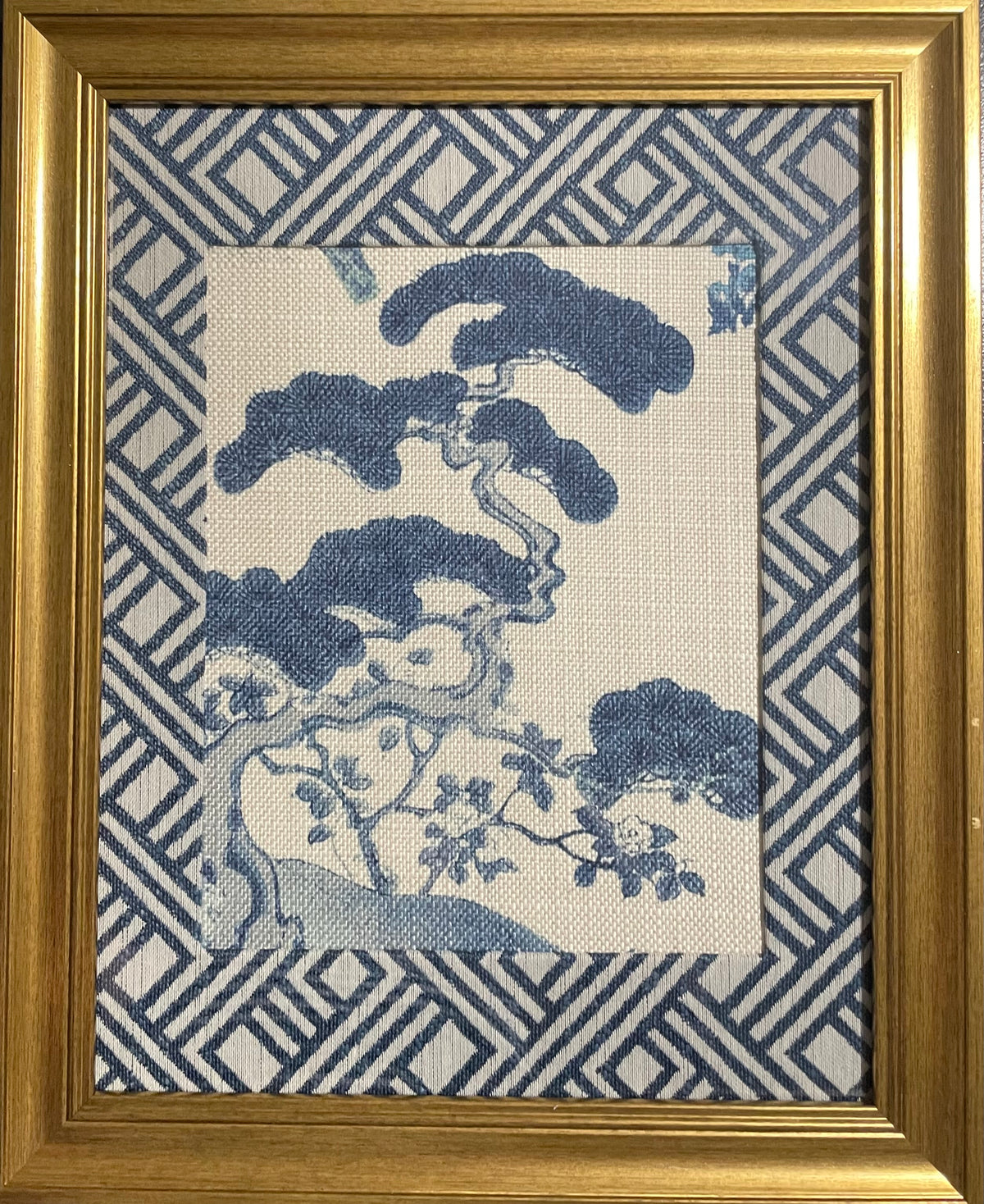 Chinoiserie Pine & Scholar's Rock Fabric Wall Art | 13x16 Gold Frame | Zen Indigo