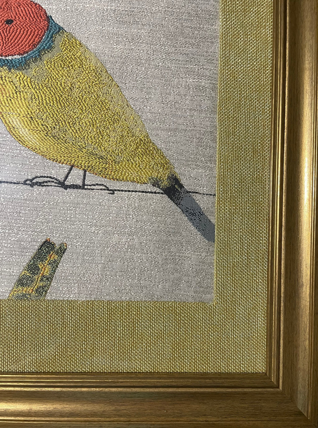 Red-Headed Songbird Portrait — Fabric Wall Art, 13x16 Gold Frame