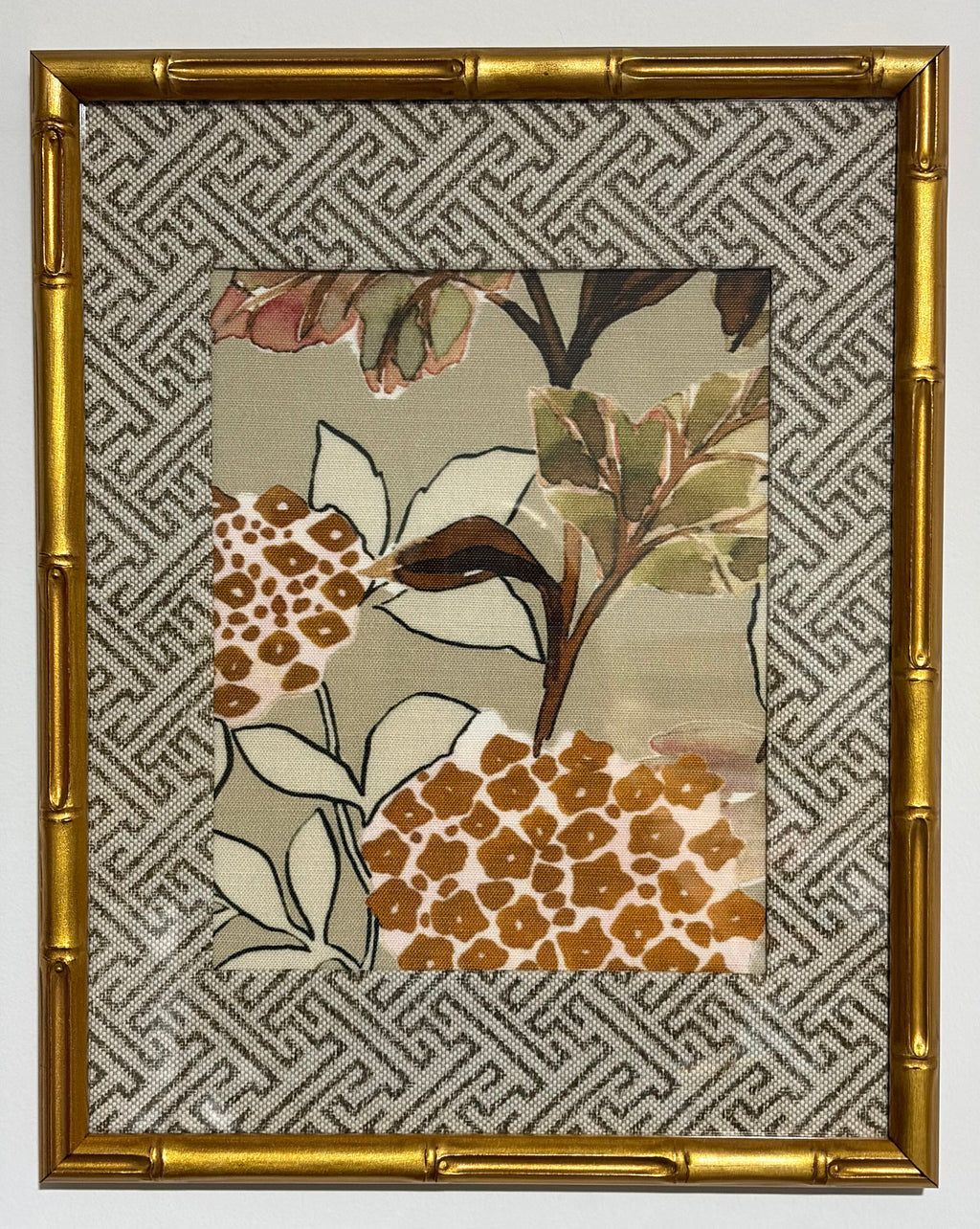 Botanical Fabric Wall Art, Geometric Mat, 12x15 Gold Bamboo Frame