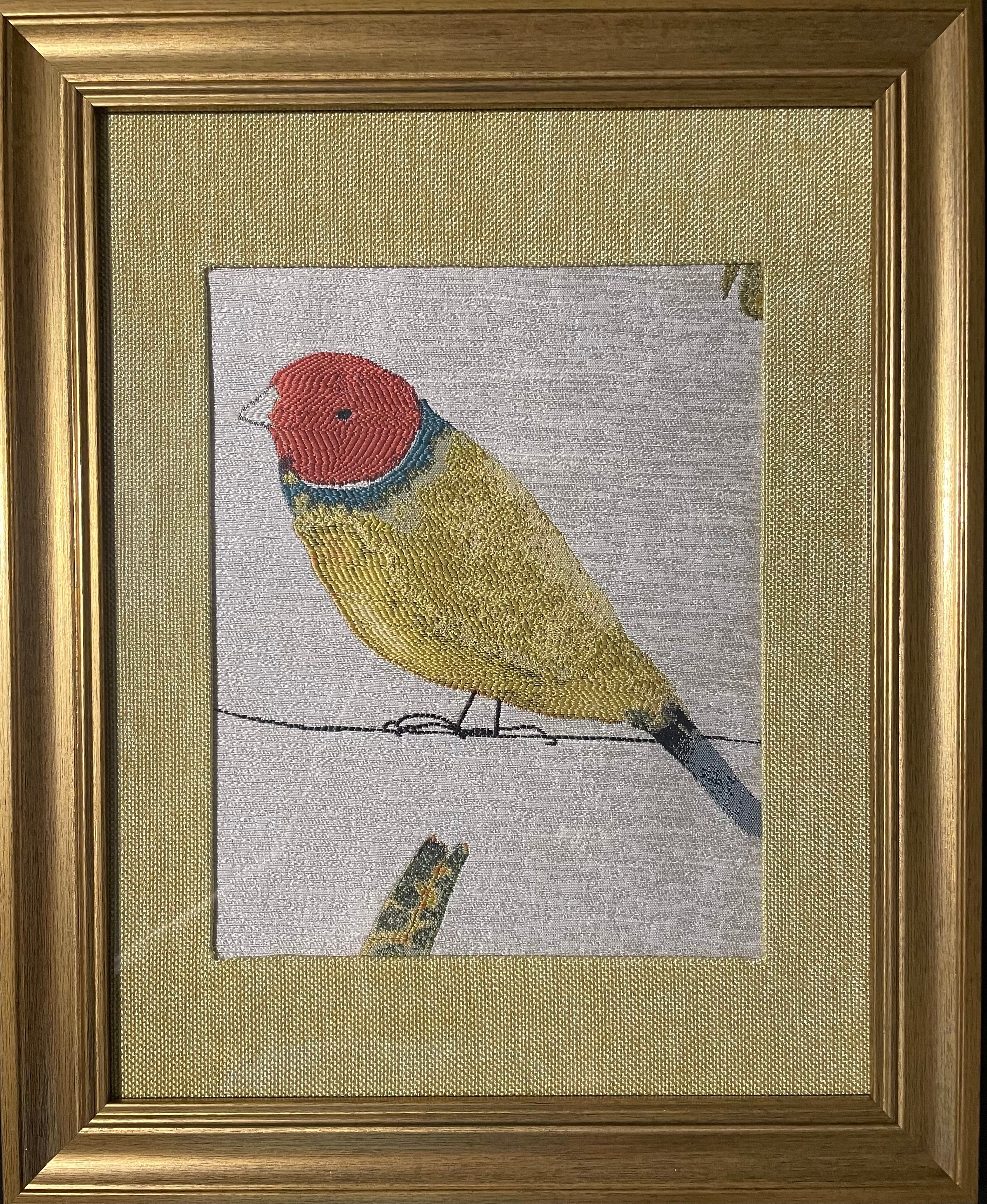 Red-Headed Songbird Portrait — Fabric Wall Art, 13x16 Gold Frame