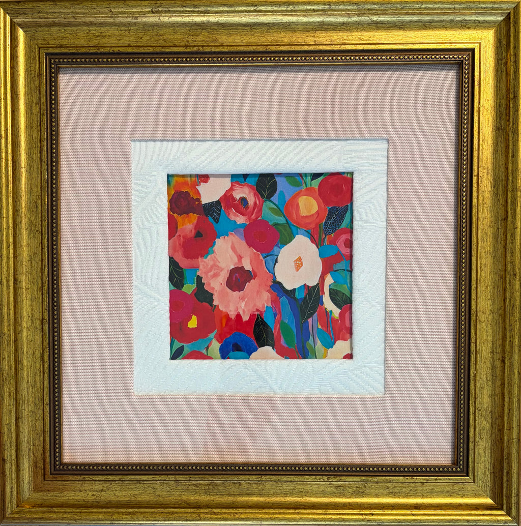 Colorful Floral Fabric Wall Art in Gold Frame - 15x15 Framed Textile Decor