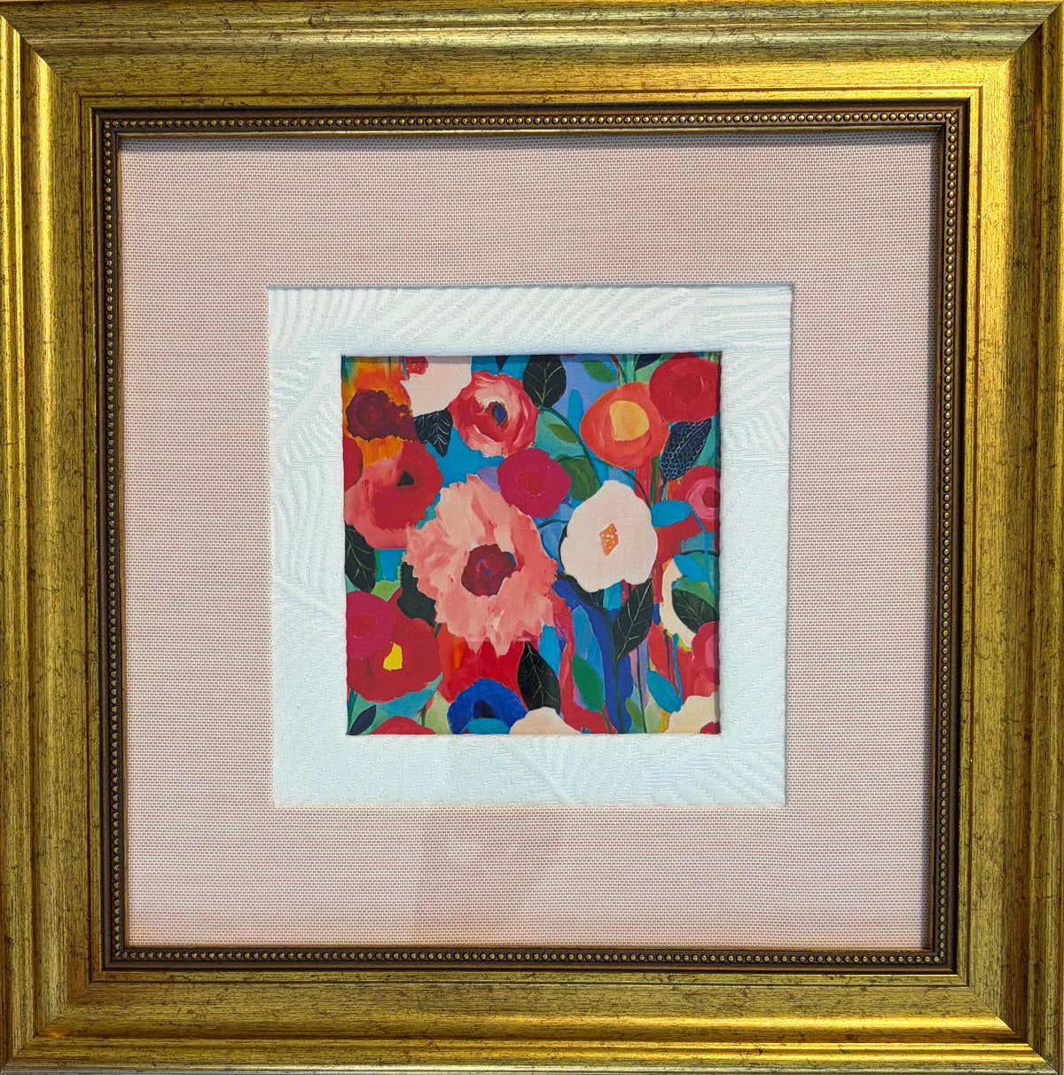 Colorful Floral Fabric Wall Art in Gold Frame - 15x15 Framed Textile Decor