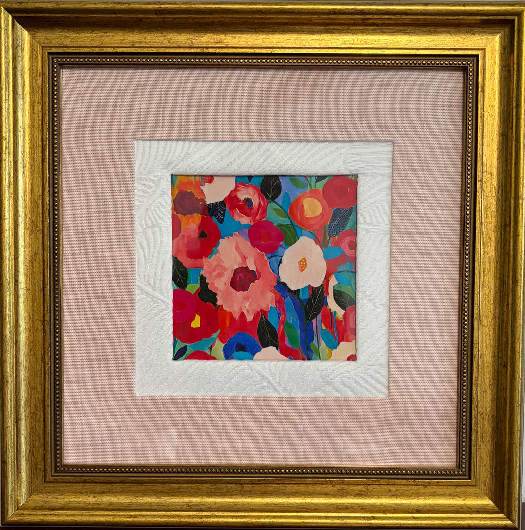 Colorful Floral Fabric Wall Art in Gold Frame - 15x15 Framed Textile Decor