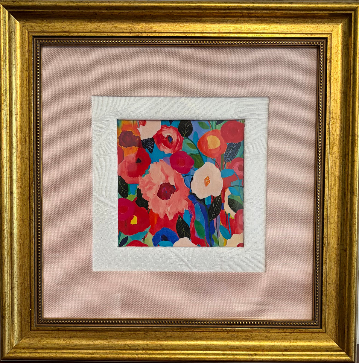 Colorful Floral Fabric Wall Art in Gold Frame - 15x15 Framed Textile Decor