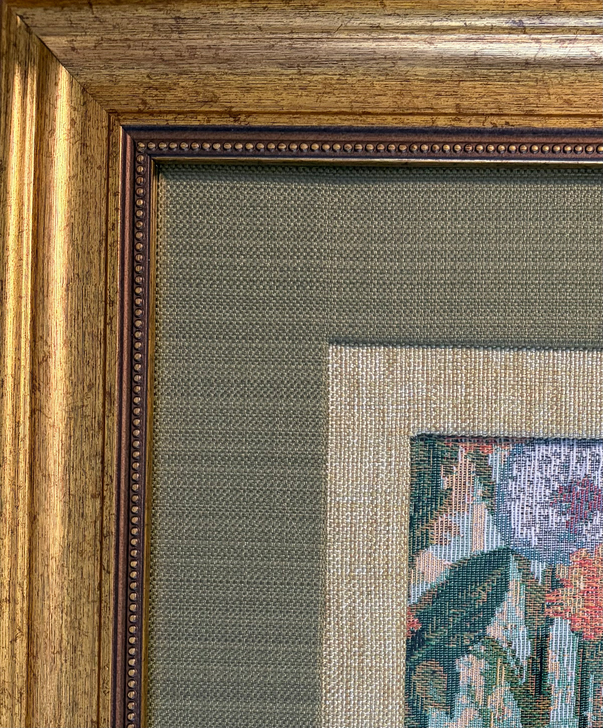 Floral Jacquard Fabric Wall Art, Double Mat, Gold Frame, 15x15