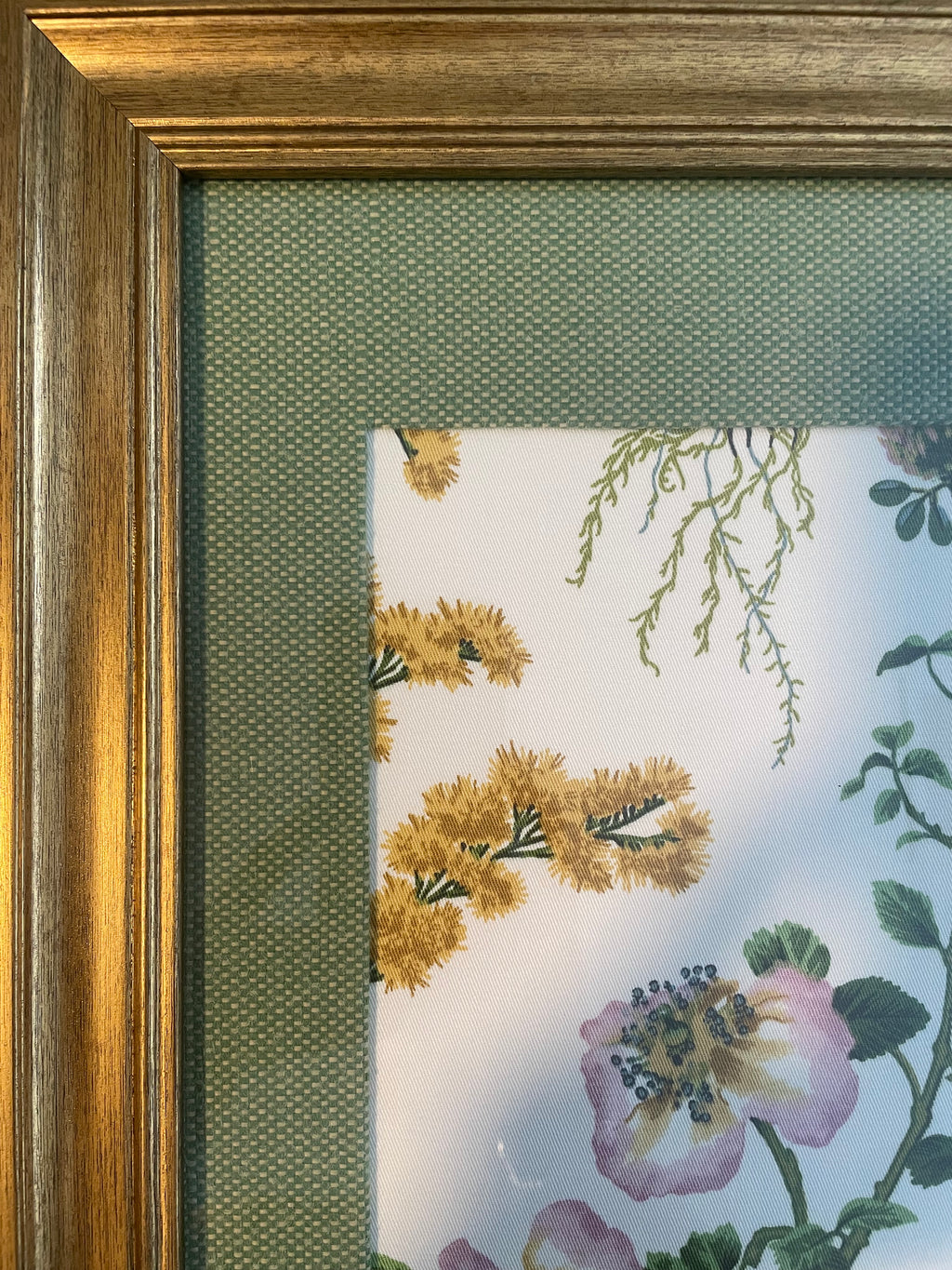 Ballard Designs Isabella Green Fabric Framed Wall Art — Callen Green Mat, 13x16 Gold Frame (No. 4)