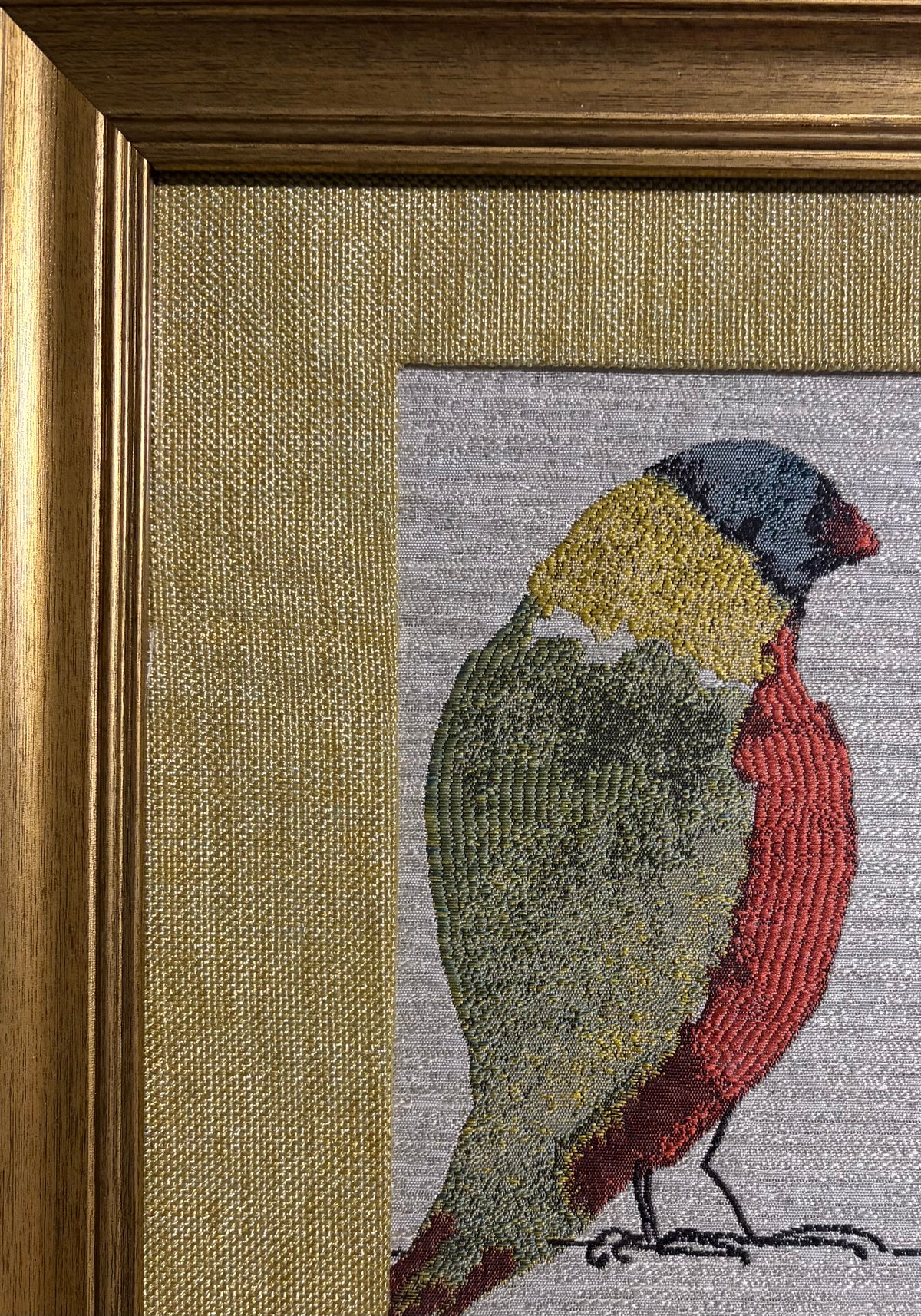 Gouldian Finch Pair — Woven Fabric Wall Art, 13x16 Antique Gold Frame