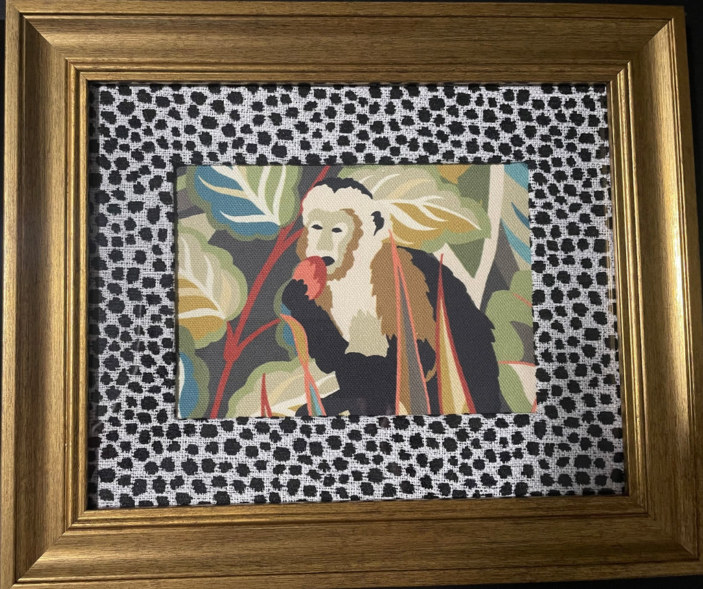 Safari Wall Art — Giraffe and Zebra Kinablu Petro fabric with Ballard Designs Tully Ebony fabric mat in Gold Frames