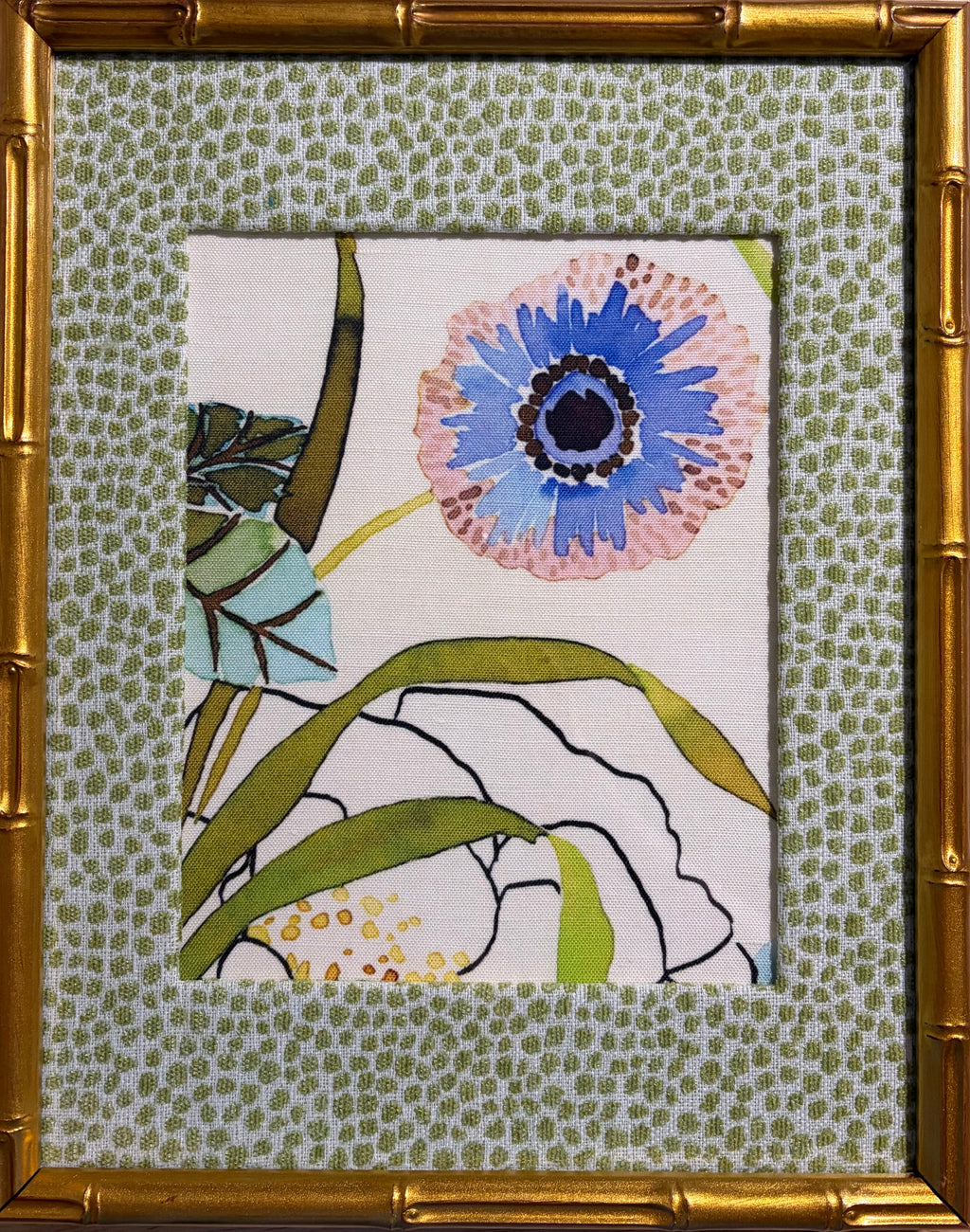 Blue & Blush Floral Fabric Wall Art, Tully Pear Mat, 12x15 Gold Bamboo Frame