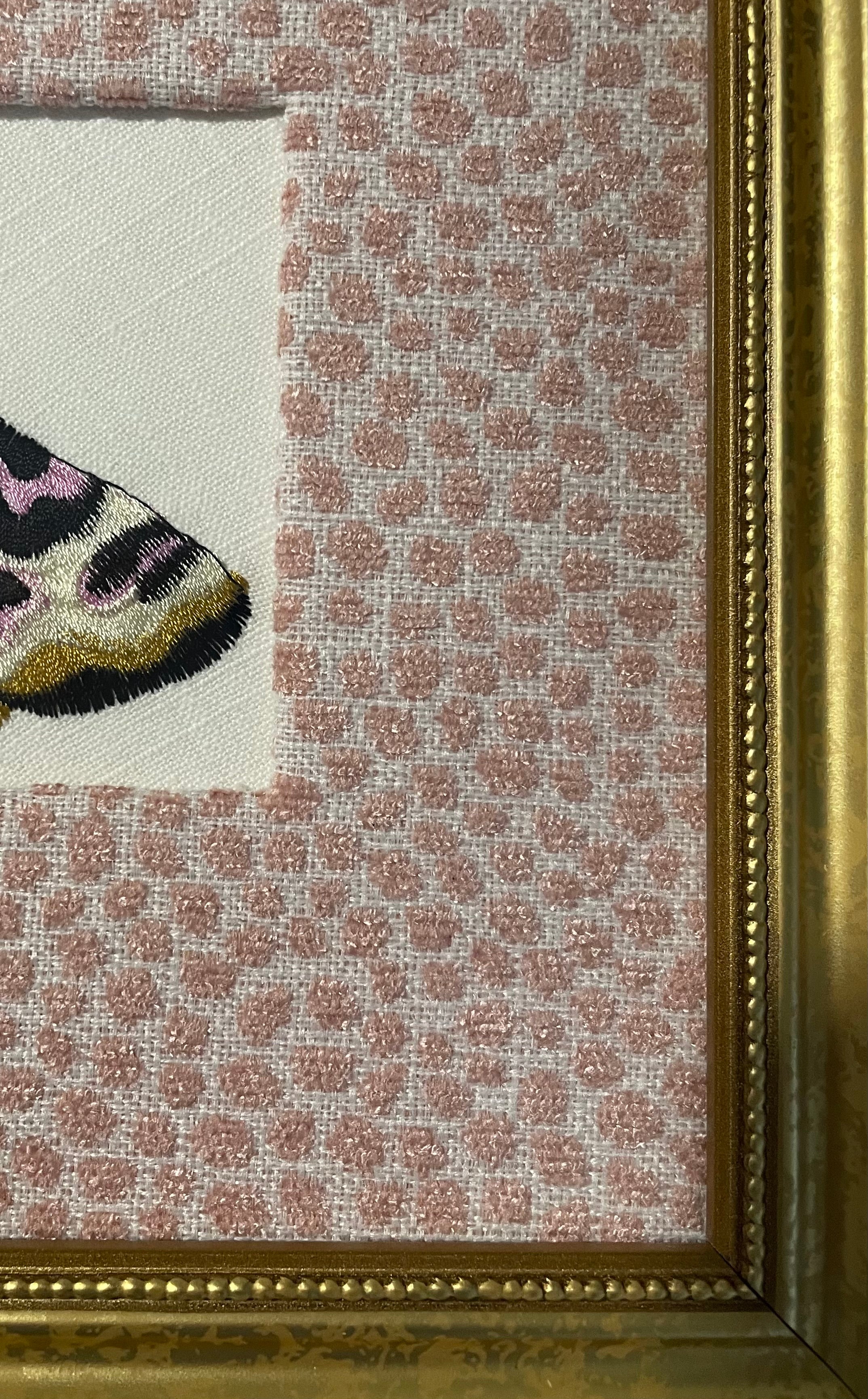 Custom Framed Embroidered Butterfly Moth Art, Ballard Designs TULLY Rose Quartz Fabric Mat