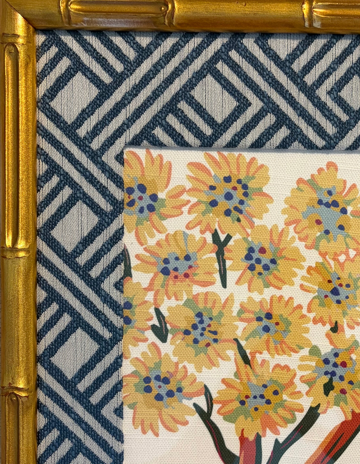 Ballard Designs Millie Fabric Framed Wall Art 12x15 Gold Bamboo Frame Textile Decor