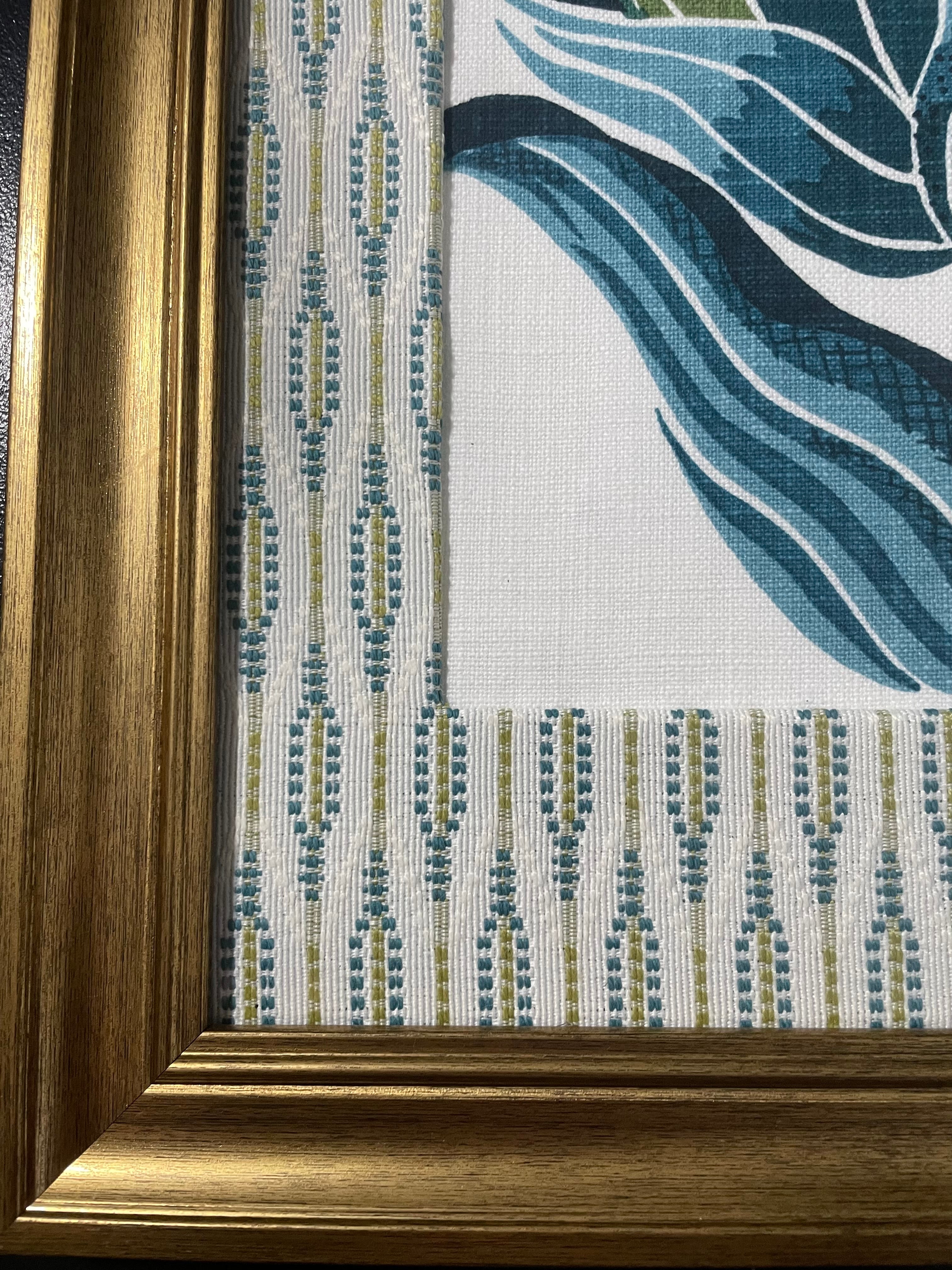 Ballard Designs Emmie Blue Fabric Framed Wall Art — Faygo Tropics Blue Mat, 13x16 Gold Frame (No. 1)