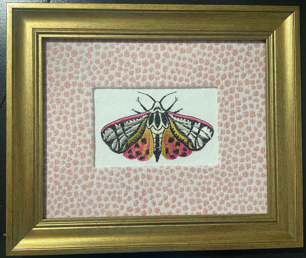Pink-Spotted Tiger Moth — Embroidered Wall Art, Gold Frame with Tully Rose Fabric Mat