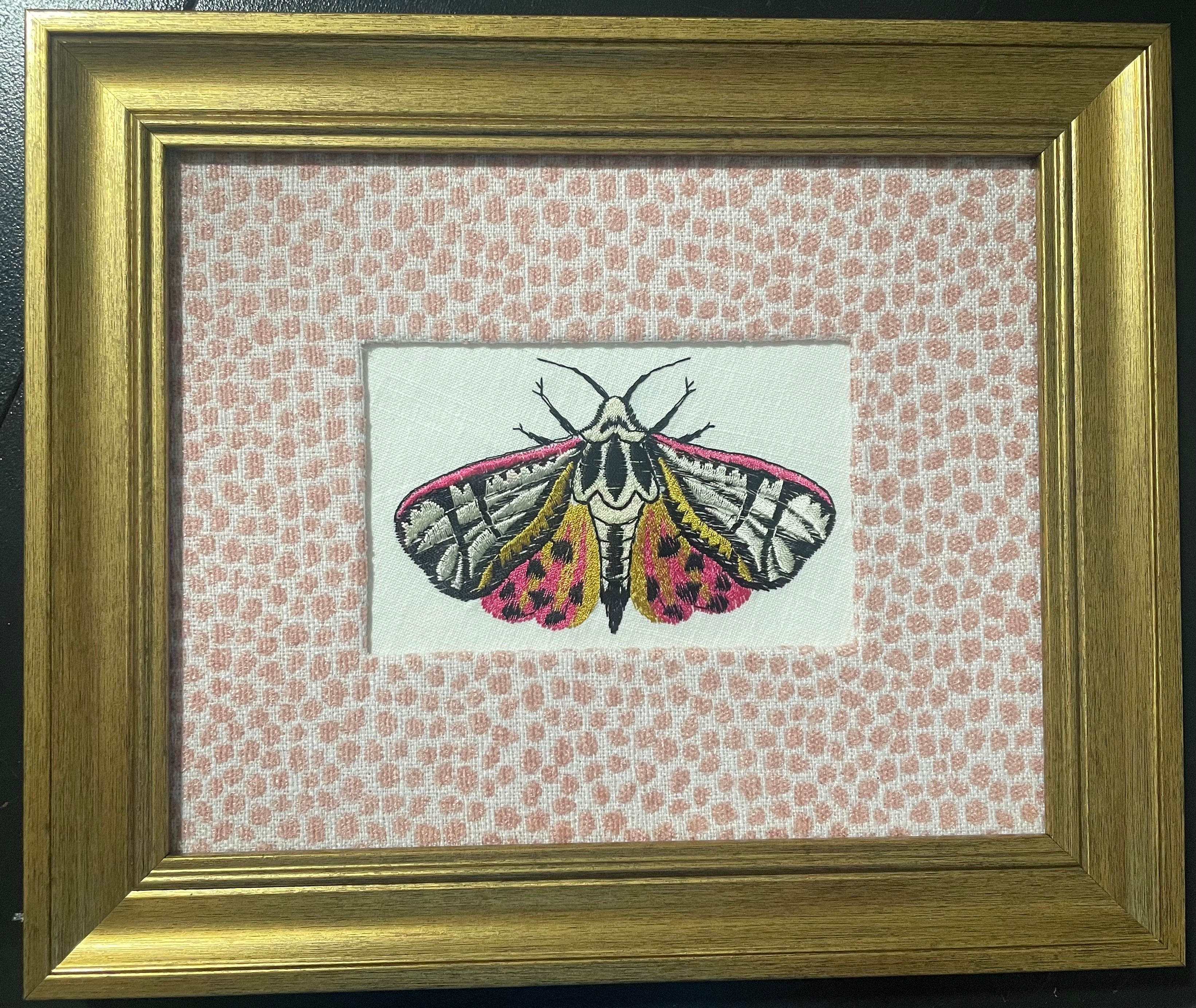Pink-Spotted Tiger Moth — Embroidered Wall Art, Gold Frame with Tully Rose Fabric Mat